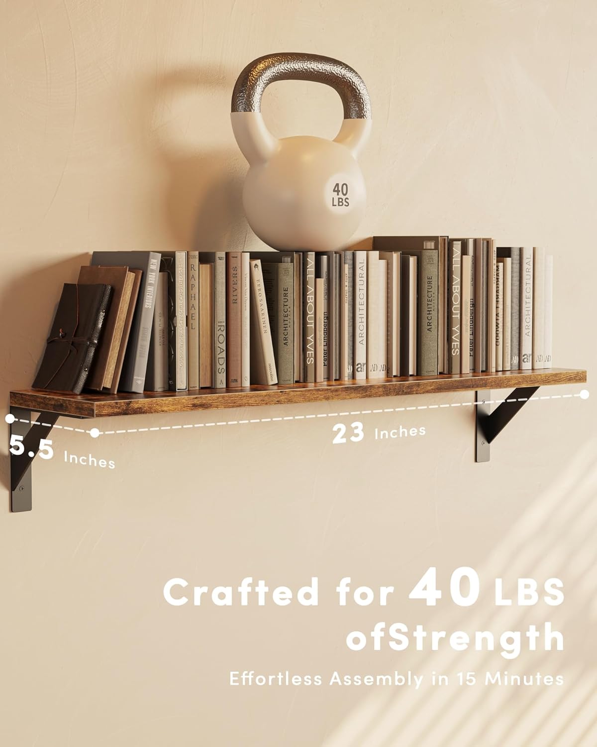 Floating Shelves for Wall, Wall Mount Book Shelf, Hanging Shelves, Wall Bookshelf for Bedroom, Office, Living Room (Rustic Brown, 23 Inches)