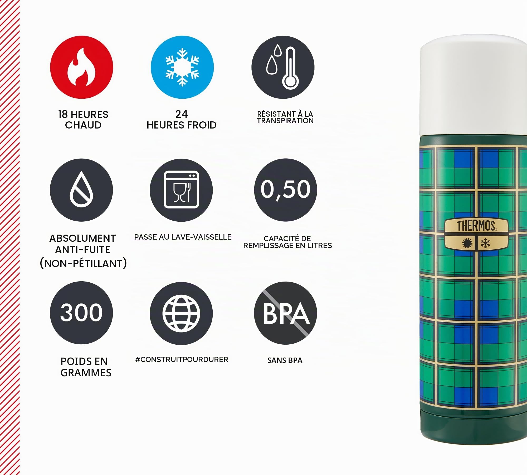 THERMOS REVIVAL BEVERAGE BOTTLE Bouteille isotherme, en acier inoxydable, verte, rétro, 0,50 l, avec gobelet, chaude 18 h/24 h froide, passe au lave-vaisselle, entièrement étanche, sans BPA