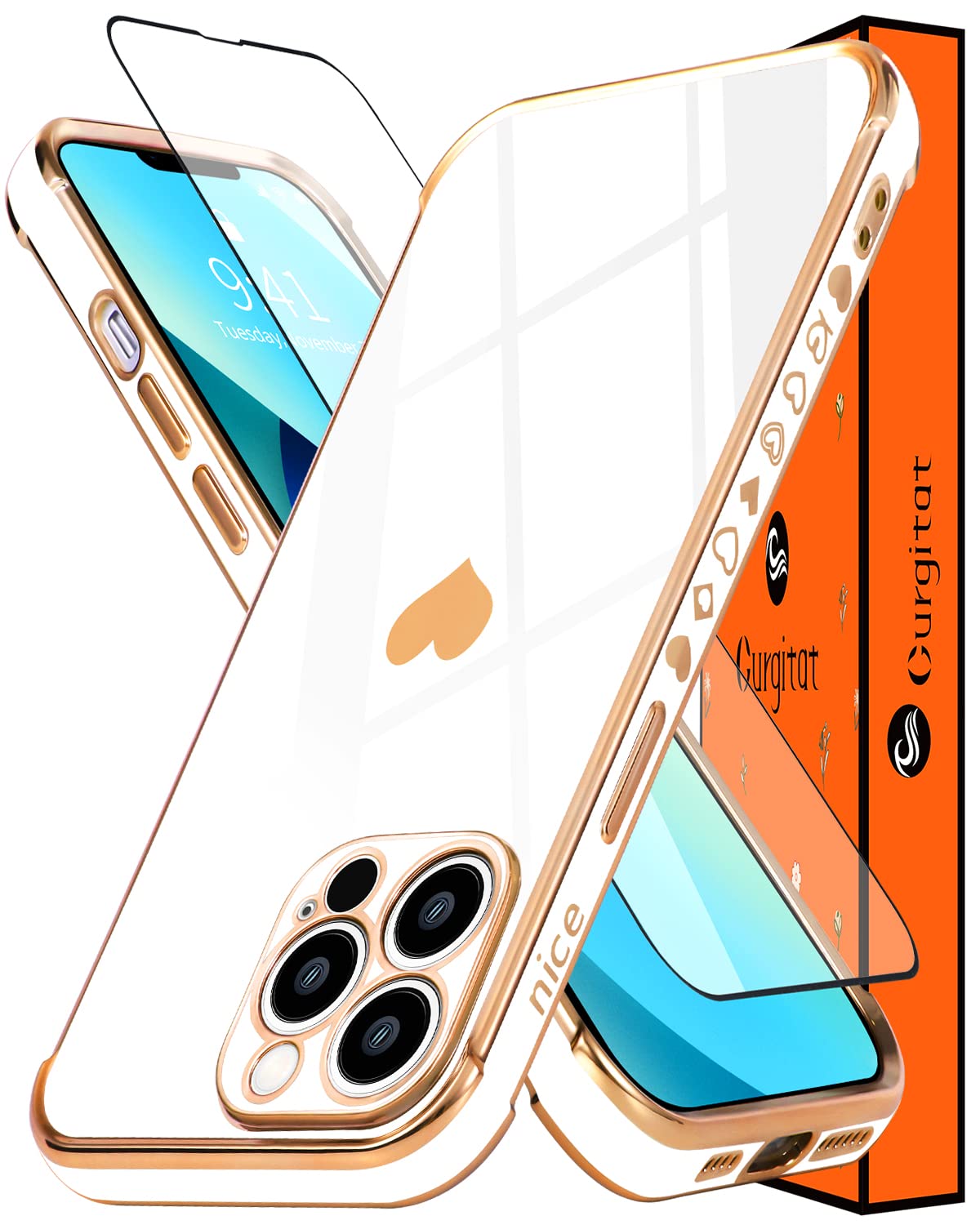 Gurgitat Case for iPhone 13 Pro Max-6.7”Heart Girls Aesthetic Love Hearts Design Pattern White Gold Cute Cases Girly Designer Pretty Women Trendy Cover+Screen Protector for iPhone 13 Pro Max(2in1)