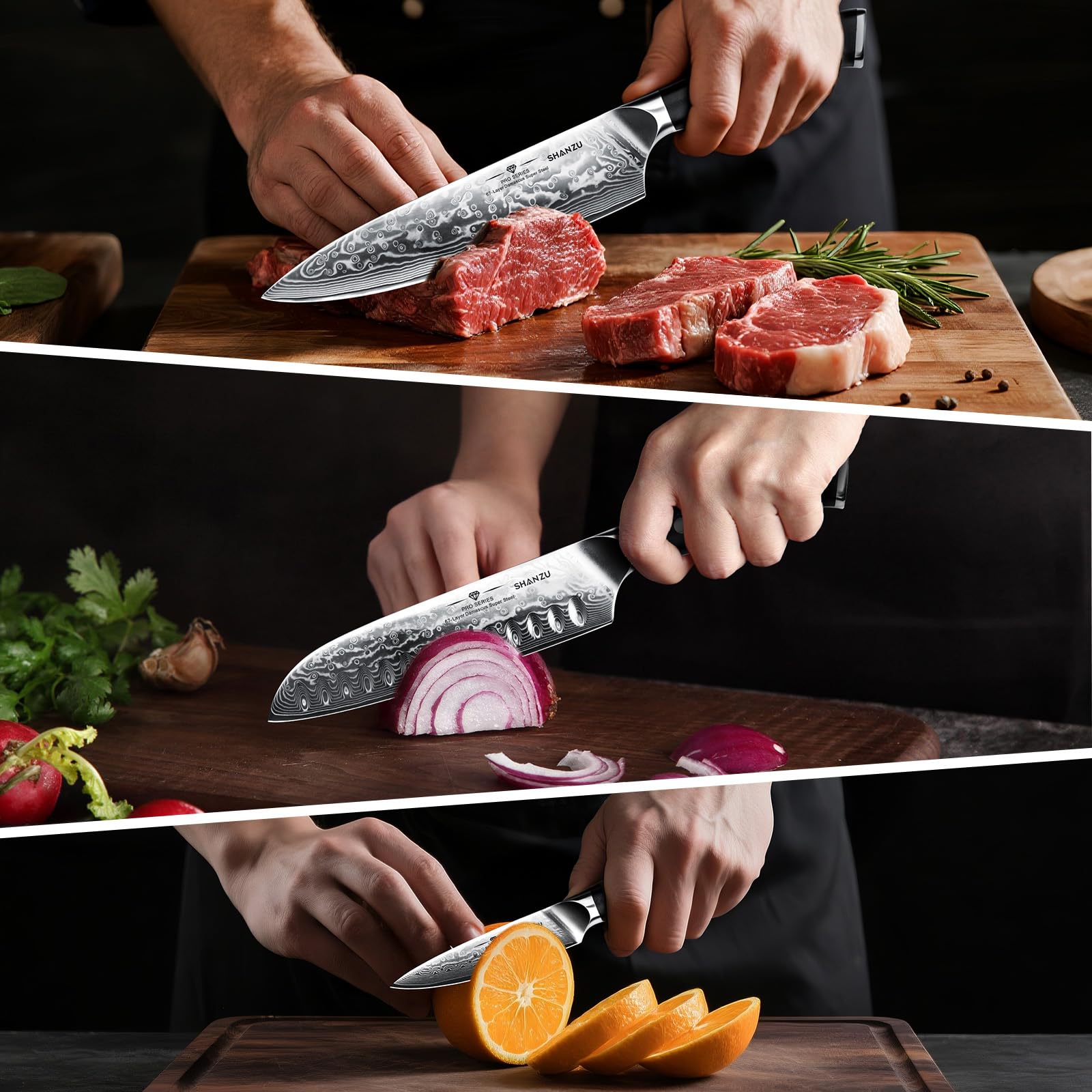 SHAN ZU Damastmesser Set 3-teilig, japanisches Damast Küchenmesser Set | scharfer Klinge aus 67 Lagen Damaststahl, kohlenstoffreichem Stahlkern, G10-Griff & Geschenkbox – PRO Series