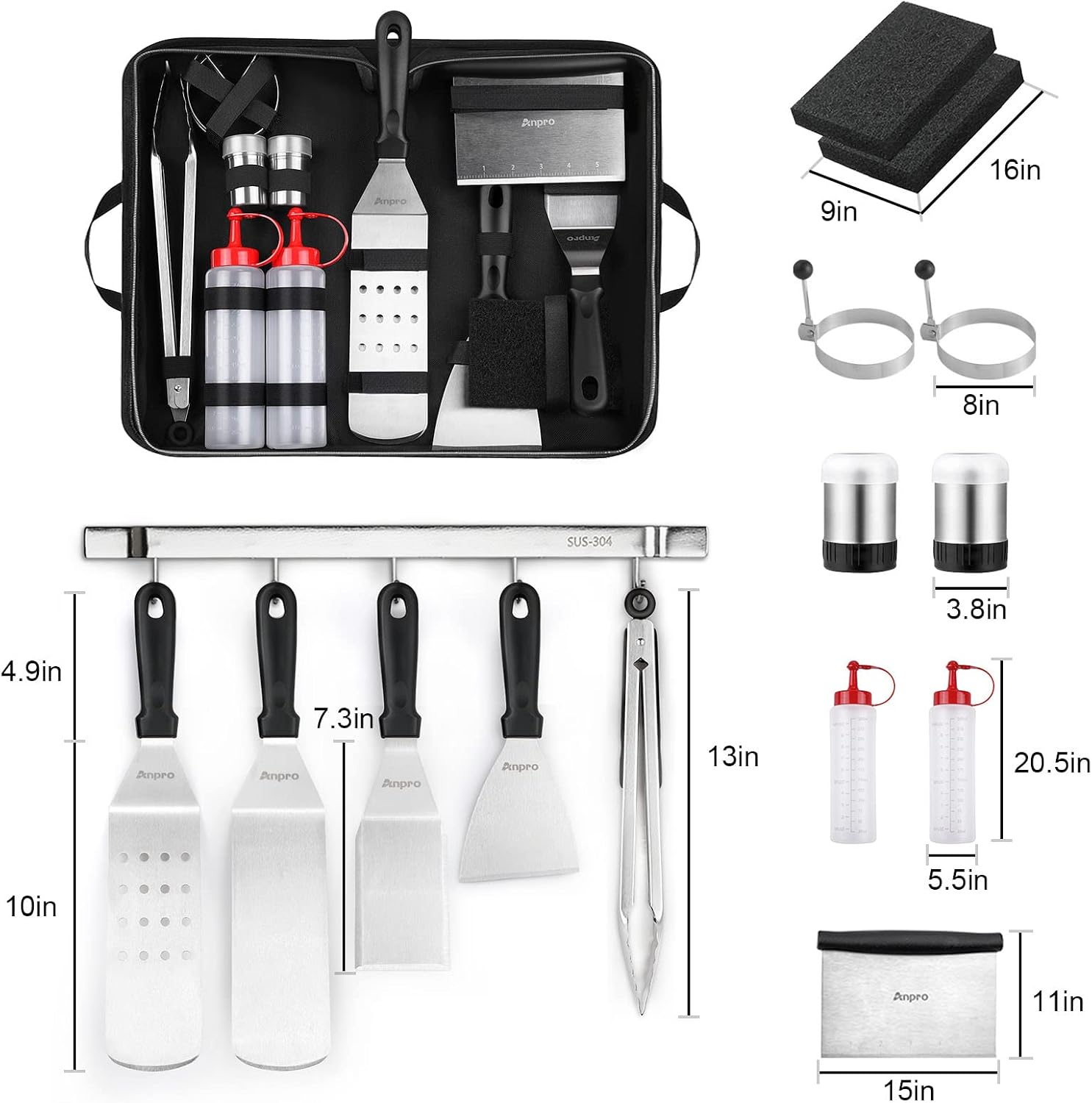 Anpro Griddle Accessories,15 Pcs Anti-Scalding Long Handle Flat Top Griddle Accessories Set for Blackstone,Stainless Steel BBQ Accessories w/Spatula, Basting Cover,Tongs,Egg Mold & Carry Bag