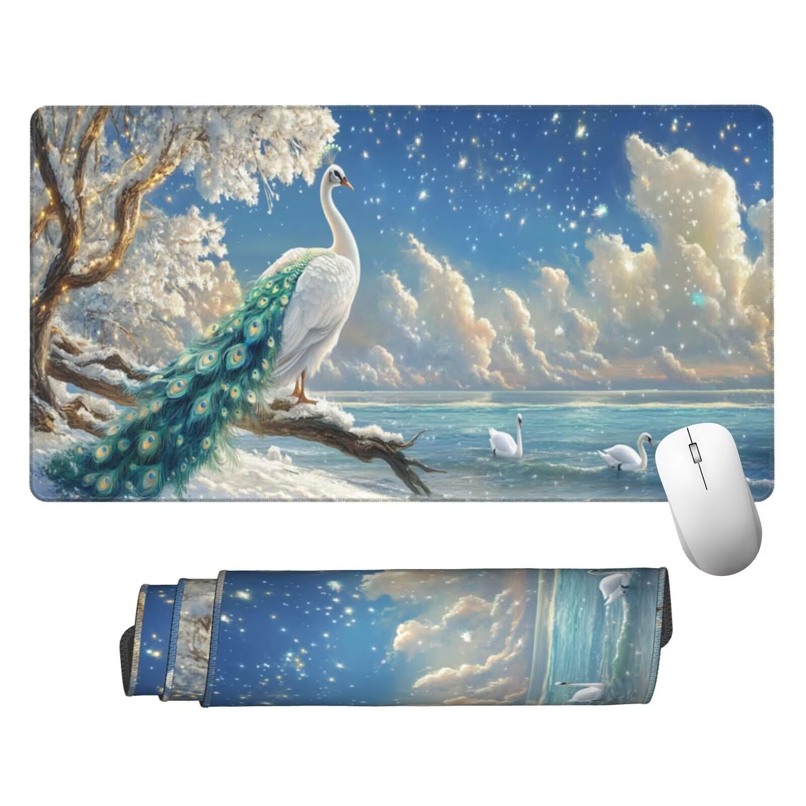 Biała podkładka pod mysz XXL paw mata na biurko 1600 x 800 x 3 mm zmywalna podkładka do gier na laptopa, z antypoślizgową gumową podkładką dla graczy, PC, pracowników biurowych Y517
