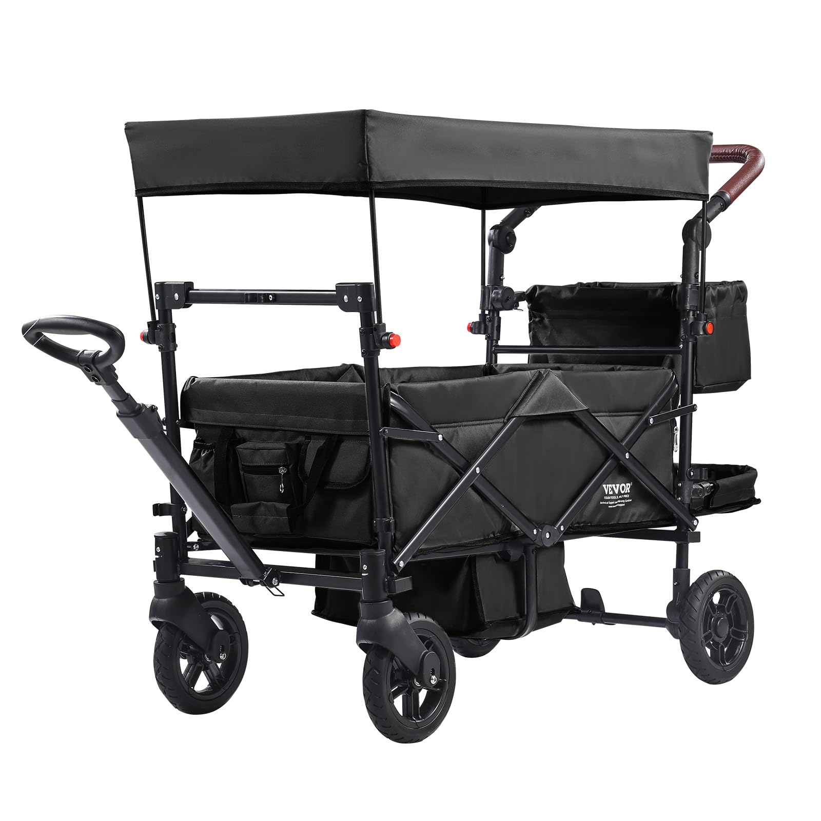 VEVOR Passeggino Wagon per 2 Bambini Pieghevole con Maniglia Regolabile, Tettuccio Rimovibile, Imbracatura Circolare, 4 Ruote con Freni, Multifunzione per Campeggio, Nero