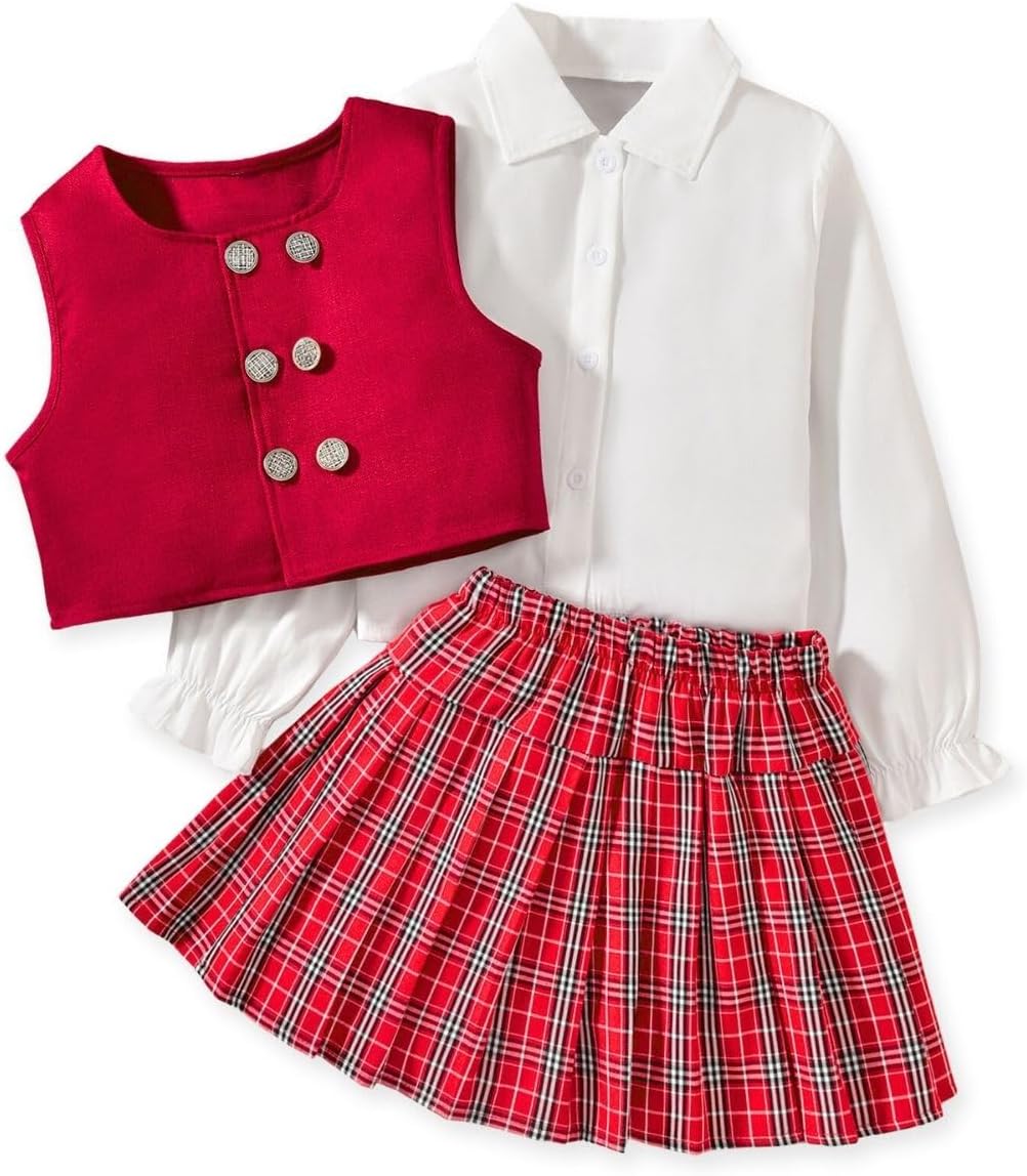 Girls Button Down Vest Long Sleeve Shirt Plaid Pleated Skirt Set Size 6-12