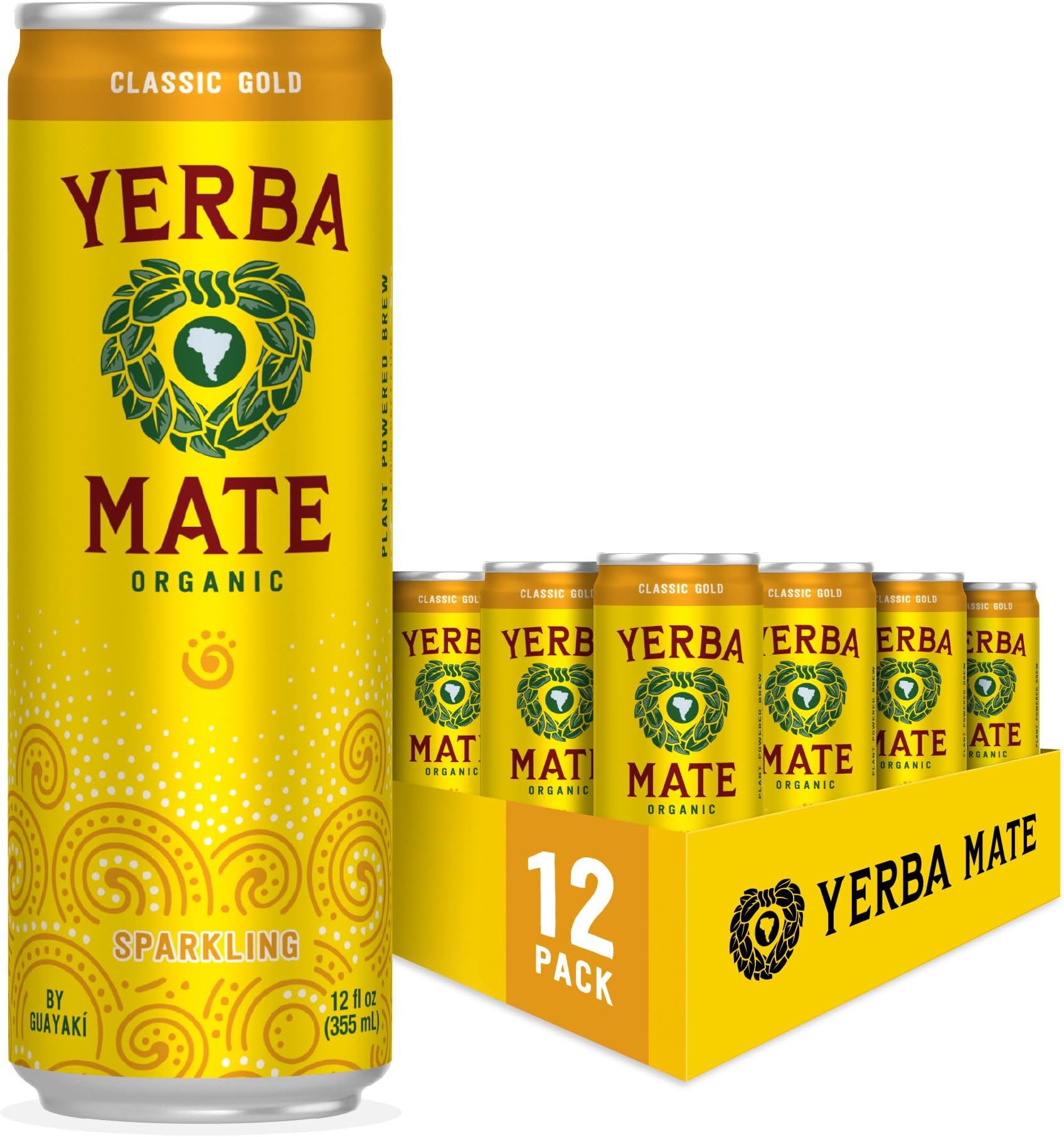 Yerba Mate, Sparkling Energy Drink Alternative, Organic Classic Gold Flavor, 12 Oz (Pack of 12), 80mg Natural Caffeine, Back to School College Essential, Smooth Energy & Focus