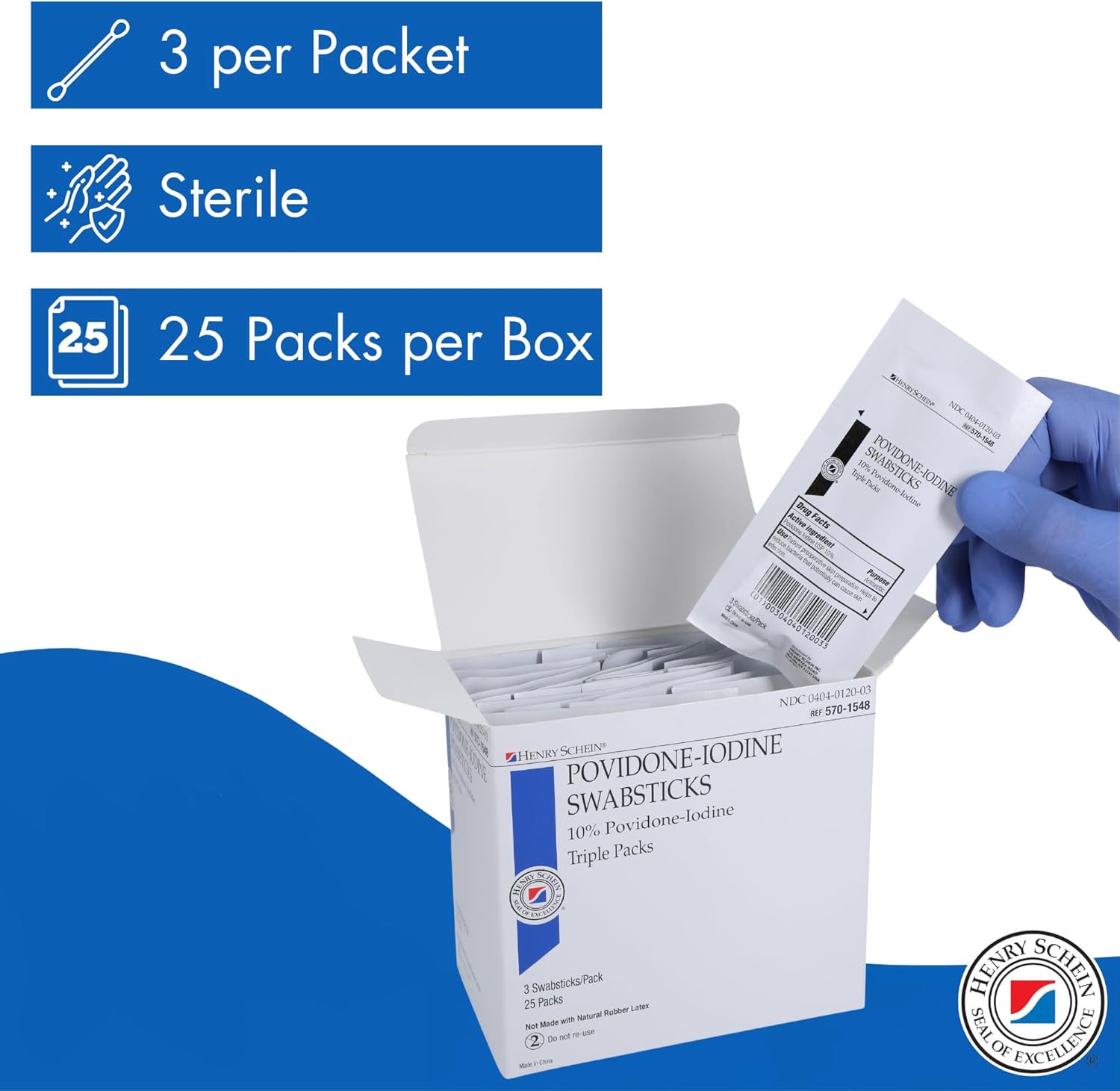 Henry Schein Prep Povidone-Iodine Swabsticks 3's, Individually Packed, Sterile, Antiseptic for Skin Preparation, 10% Povidone-Iodine, 25 Packs per Box - 10 Boxes
