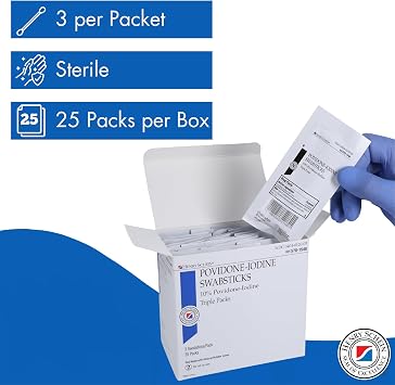 Henry Schein Prep Povidone-Iodine Swabsticks 3's, Individually Packed, Sterile, Antiseptic for Skin Preparation, 10% Povidone-Iodine- 25/BX