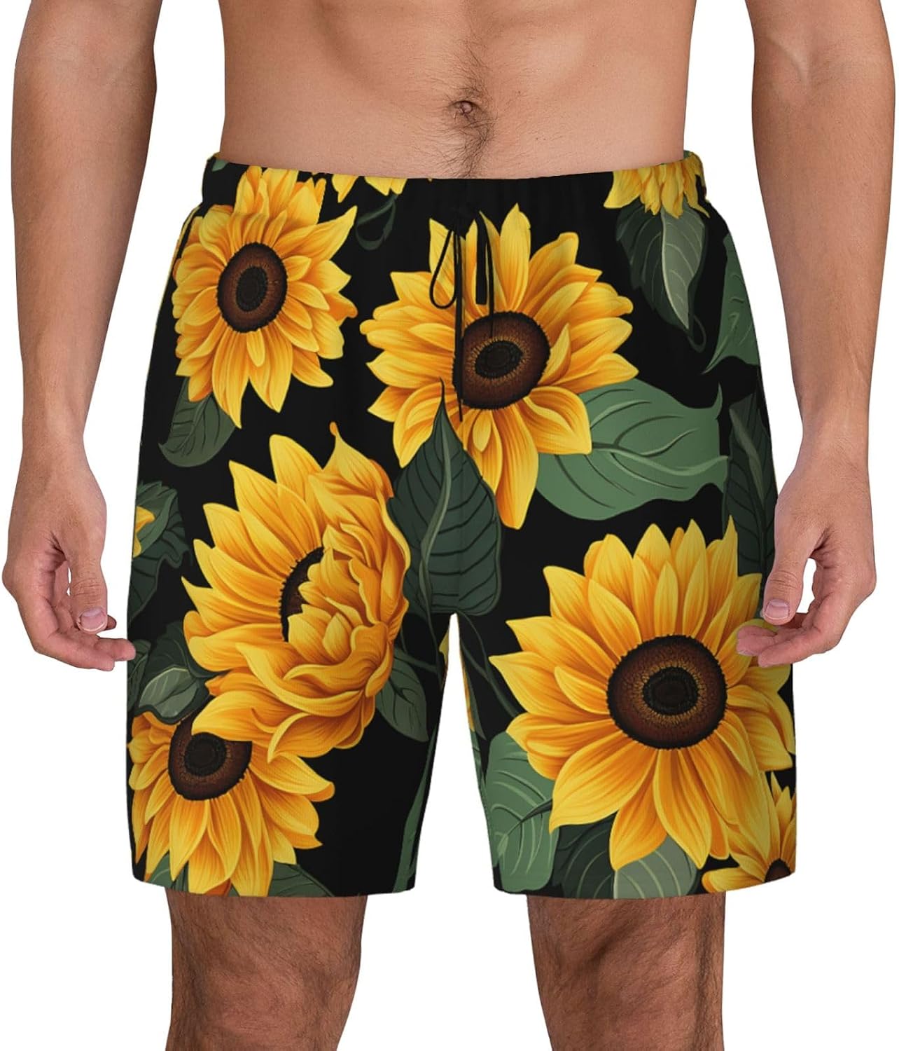 Men's Swim Trunks 2 in 1 Quick Dry Bathing Suits Sunflower Pattern Beach Board Shorts Swimwear