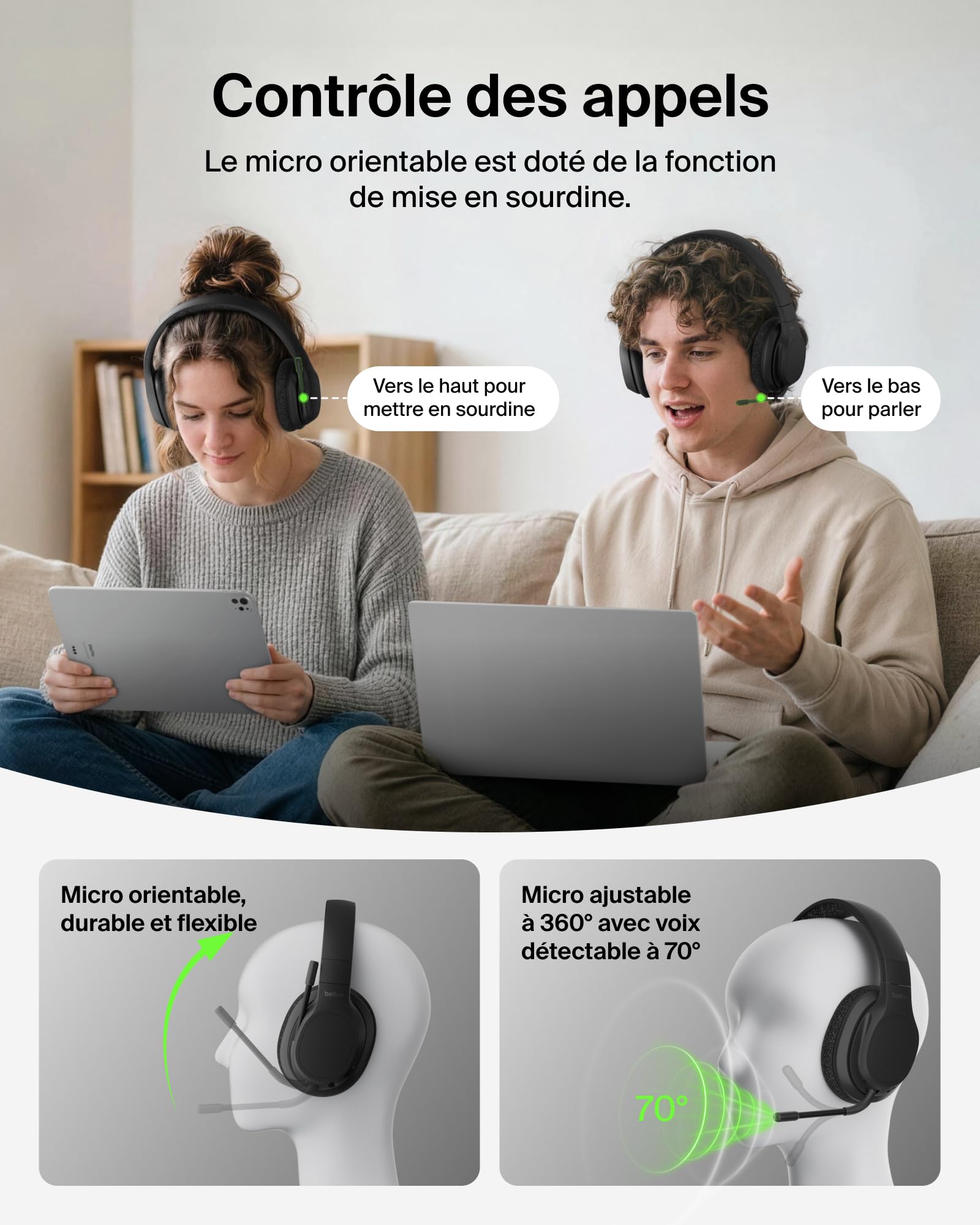 Belkin SoundForm Adapt Casque Audio sans Fil Circum-Aural avec Micro - Noir | Bluetooth 5.2, Micro Orientable Intégré, Connexion Multipoint, ENC, Autonomie de 65h, Recharge rapide