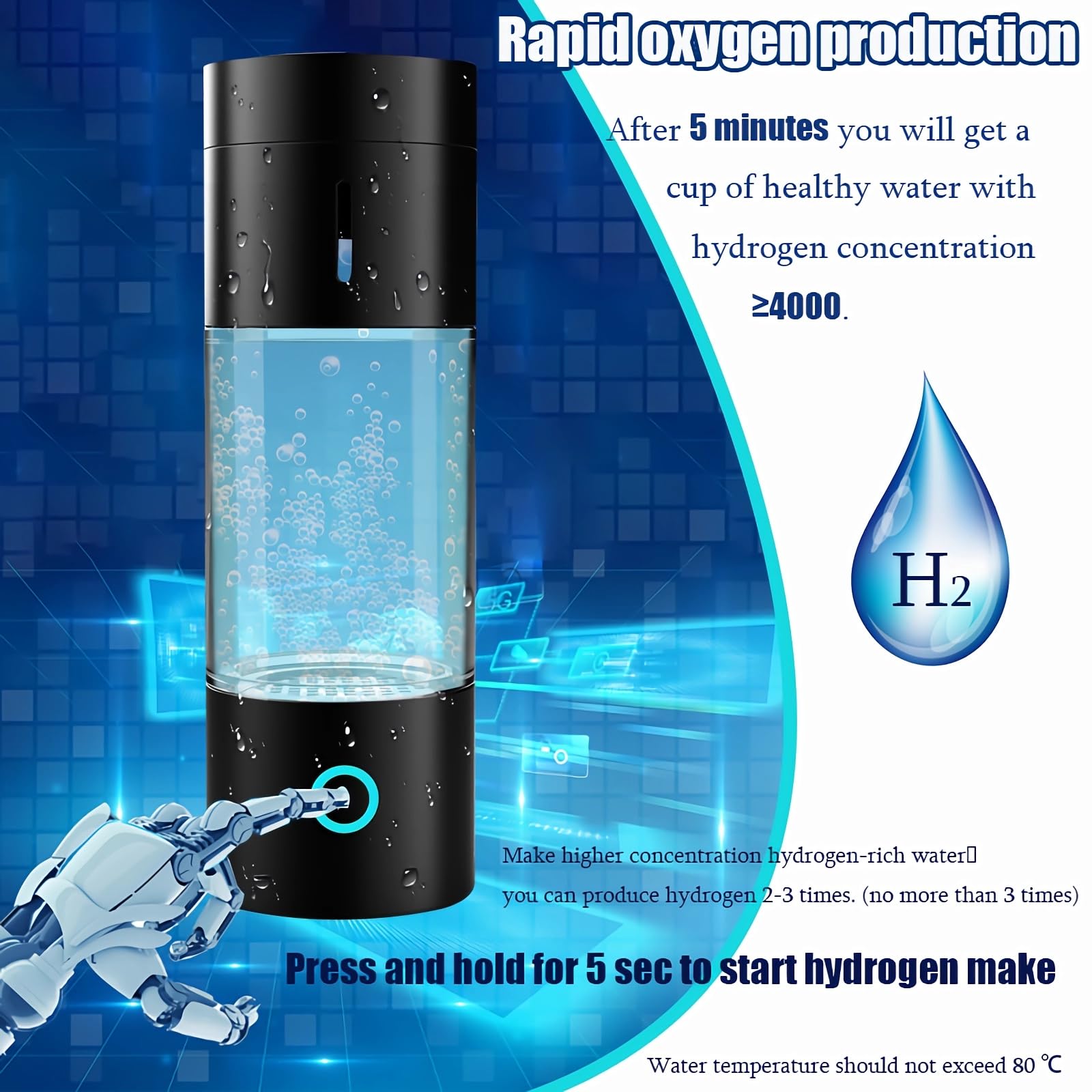Bottiglia d'Acqua di Idrogeno Contenuto di idrogeno ≥4000ppb Generatore di Acqua di Idrogeno Portatile con Tecnologia PEM e SPE Creatore di Generatore da 230 ml (nero)