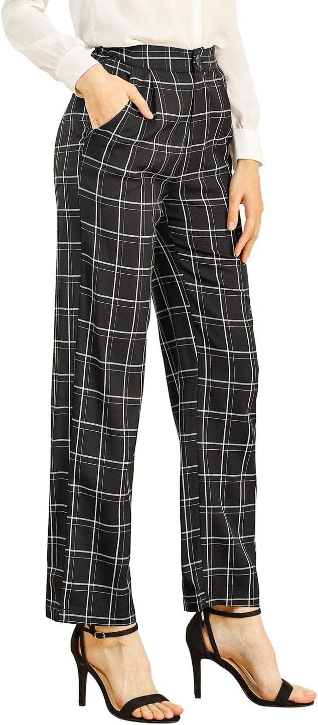 Allegra K Women's Plaid Pants Elastic Waist Casual Work Office Long Trousers