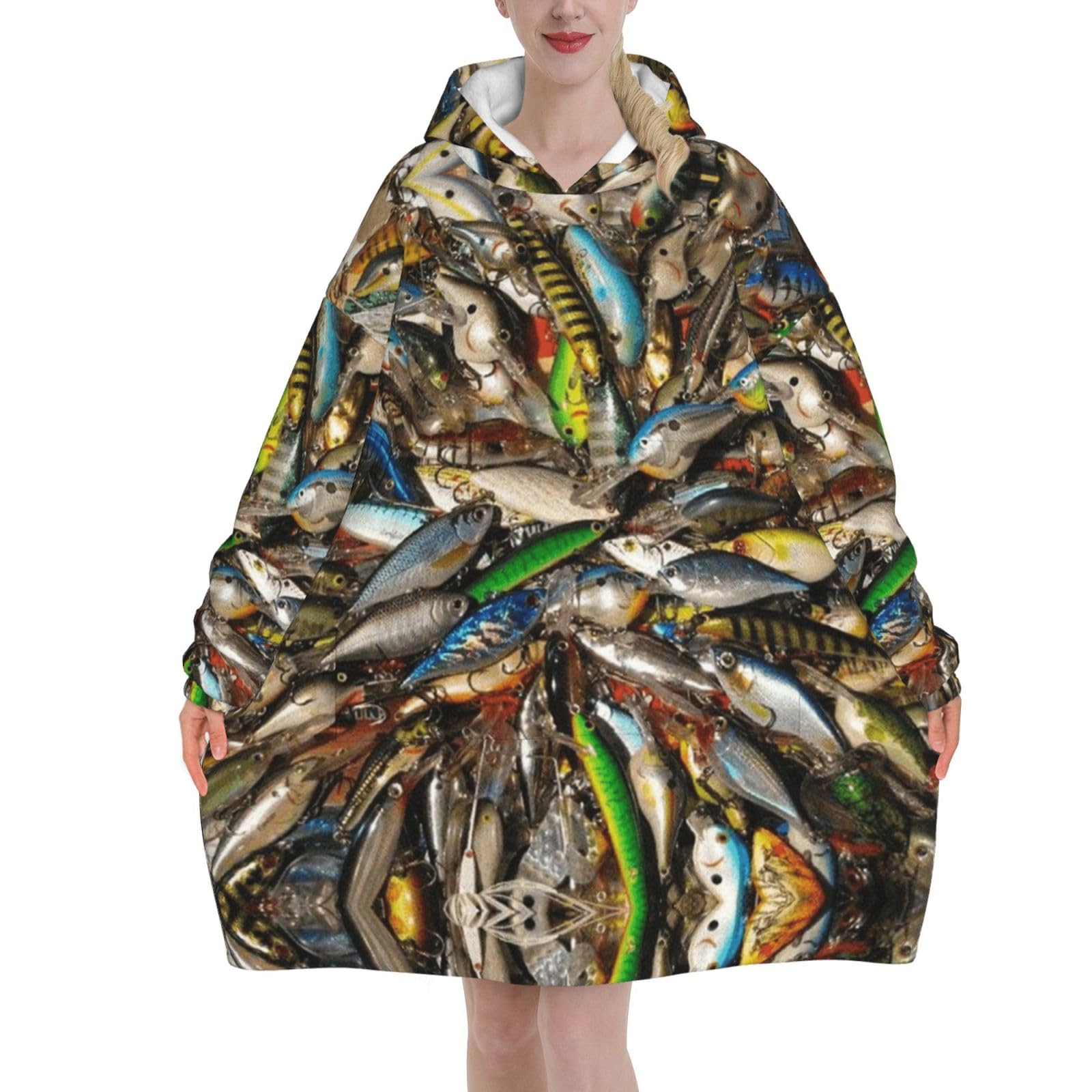 Esnaiuvcd Women's Black Fishing Bait Print Oversized Blanket Hoodie - Flannel Wearable Blanket For Unisex Adult Men, Fluffy Comfortable Hooded Sweatshirt