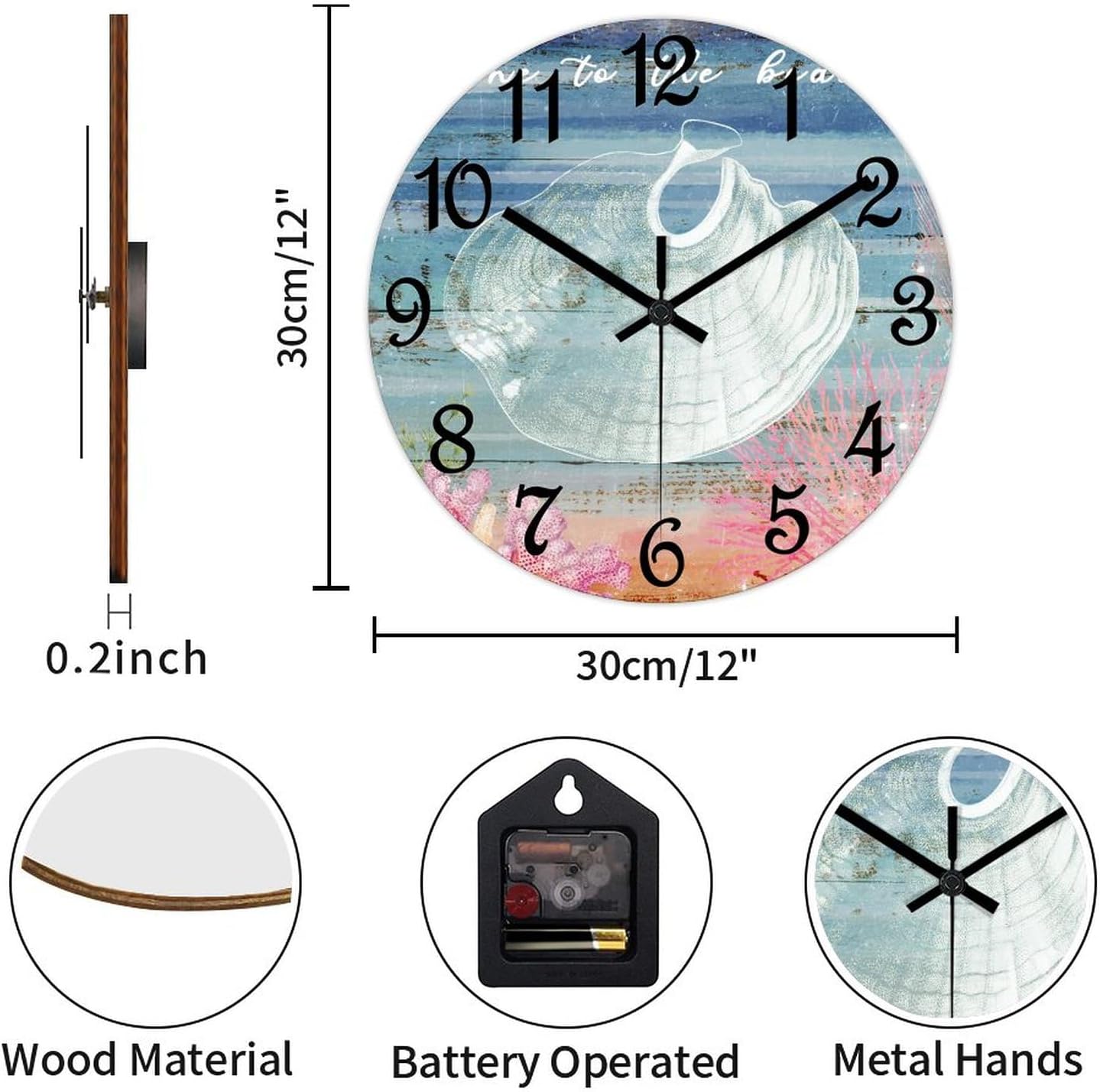 Gone to The Beach Wall Clock Beach Scene Ocean Theme Wooden Wall Clocks Battery Operated 12 Inch Non-Ticking Retro Cabin Wall Decor for Kitchen Bedroom Living Room Office