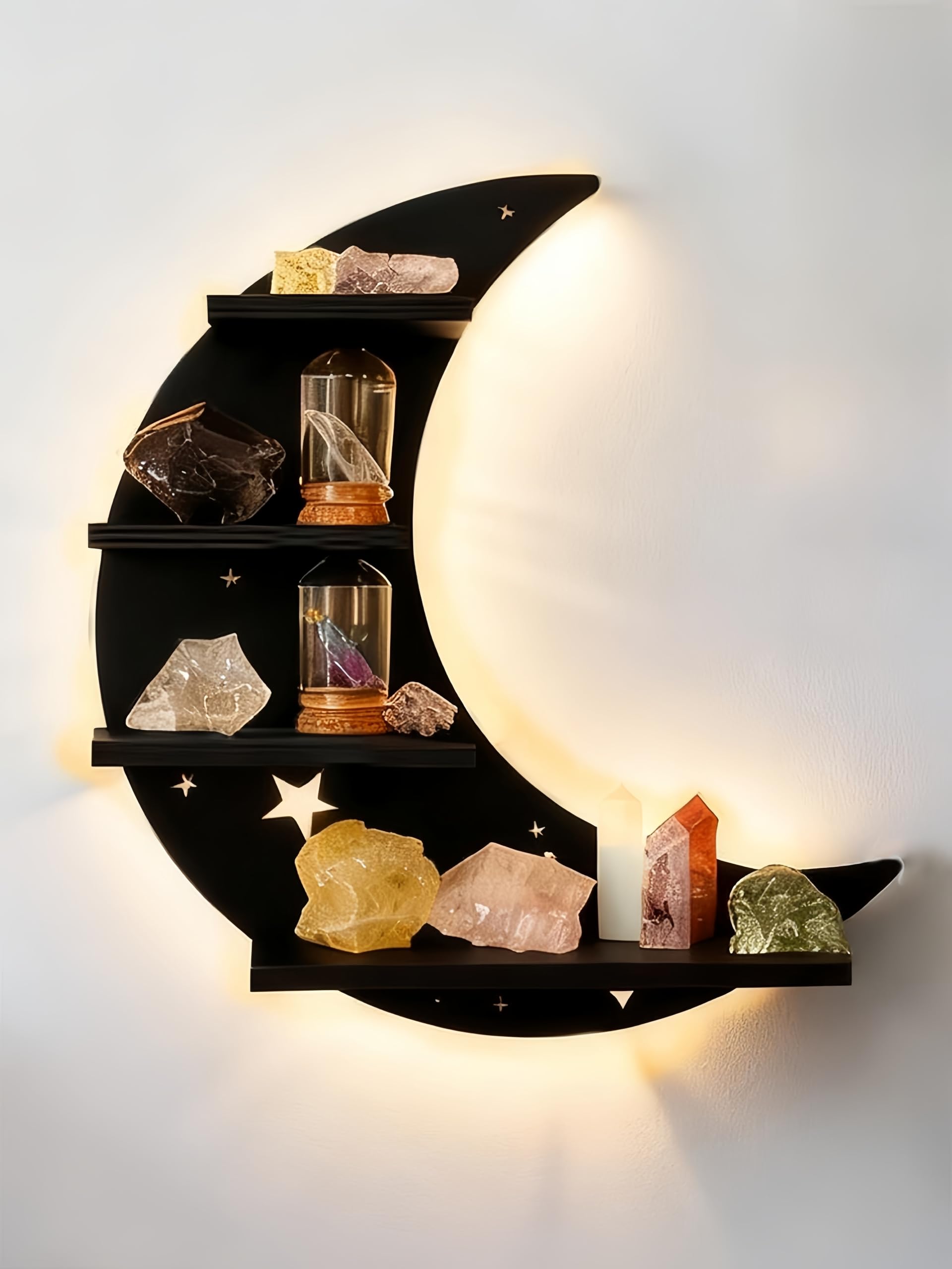 GDSZBYSM Moon Shelf with LED Light – 12" Moon Wall Light Floating Shelf, Witchy Decor for Bedroom, Unique, No Assembly Crystal & Trinket Display Wall Shelves for Boho Home