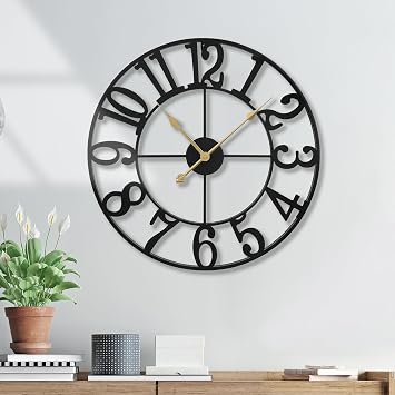 Wall Clock Battery Operated,Silent Non Ticking Modern Rustic Metal Small Clocks for Living Room/Bedroom/Office/Kitchen/Farmhouse Home Decor-14INArabic Number-Black