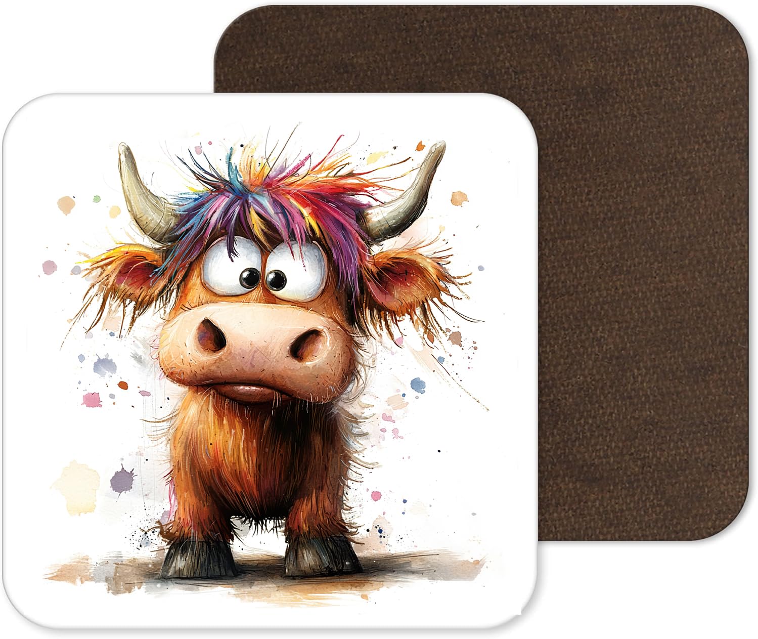 Funny and Cute Highland Cow Coasters - 25 Designs - Funny Retro Square Wooden Coaster (Design 14)