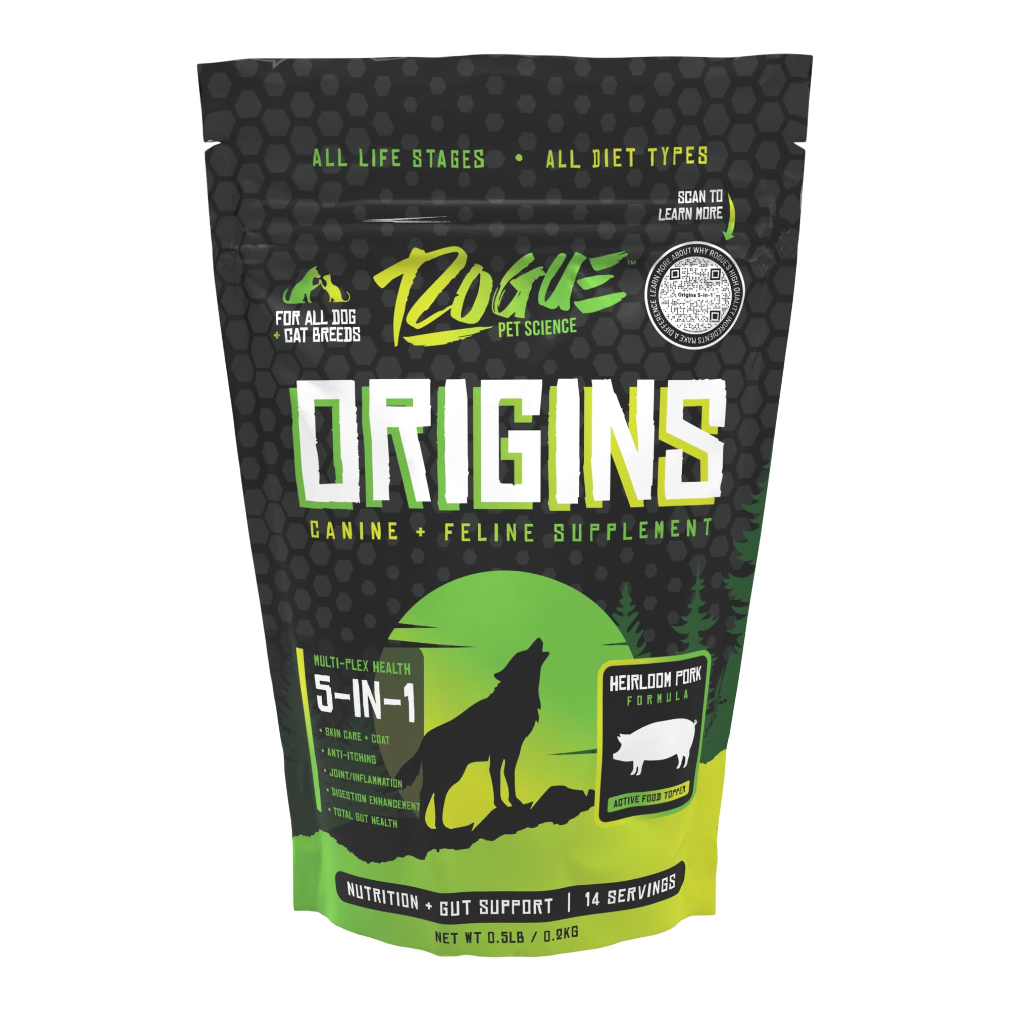Origins 5-in-1 Dog Supplement - Powdered Food Topper w/Natural Heirloom Pork Protein- Supports Healthy Digestion, Skin, and Coat - Helps Reduce Itching & Joint Inflammation (1/2 lbs)