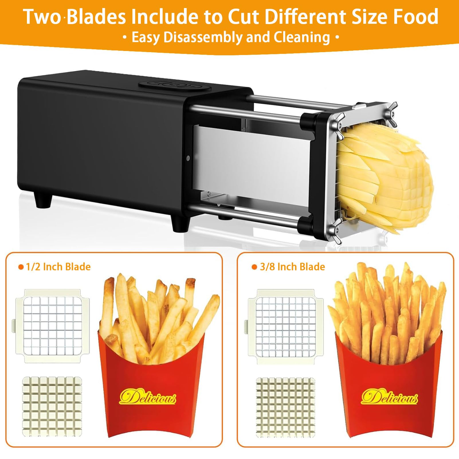 Pommesschneider,Elektrischer Pommes Frites Schneider, Pommesschneider FüR Pommes Frites Ausgestattet Mit 1/2 Zoll Und 3/8 Zoll Klingen,Geeignet FüR Kartoffeln, Karotten Und Gurken Black