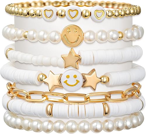 YALASOBA Juego de pulseras Preppy, coloridas pulseras apilables de arcilla polimérica y perlas de oro blanco sonriente, corazón, estrella, mal de