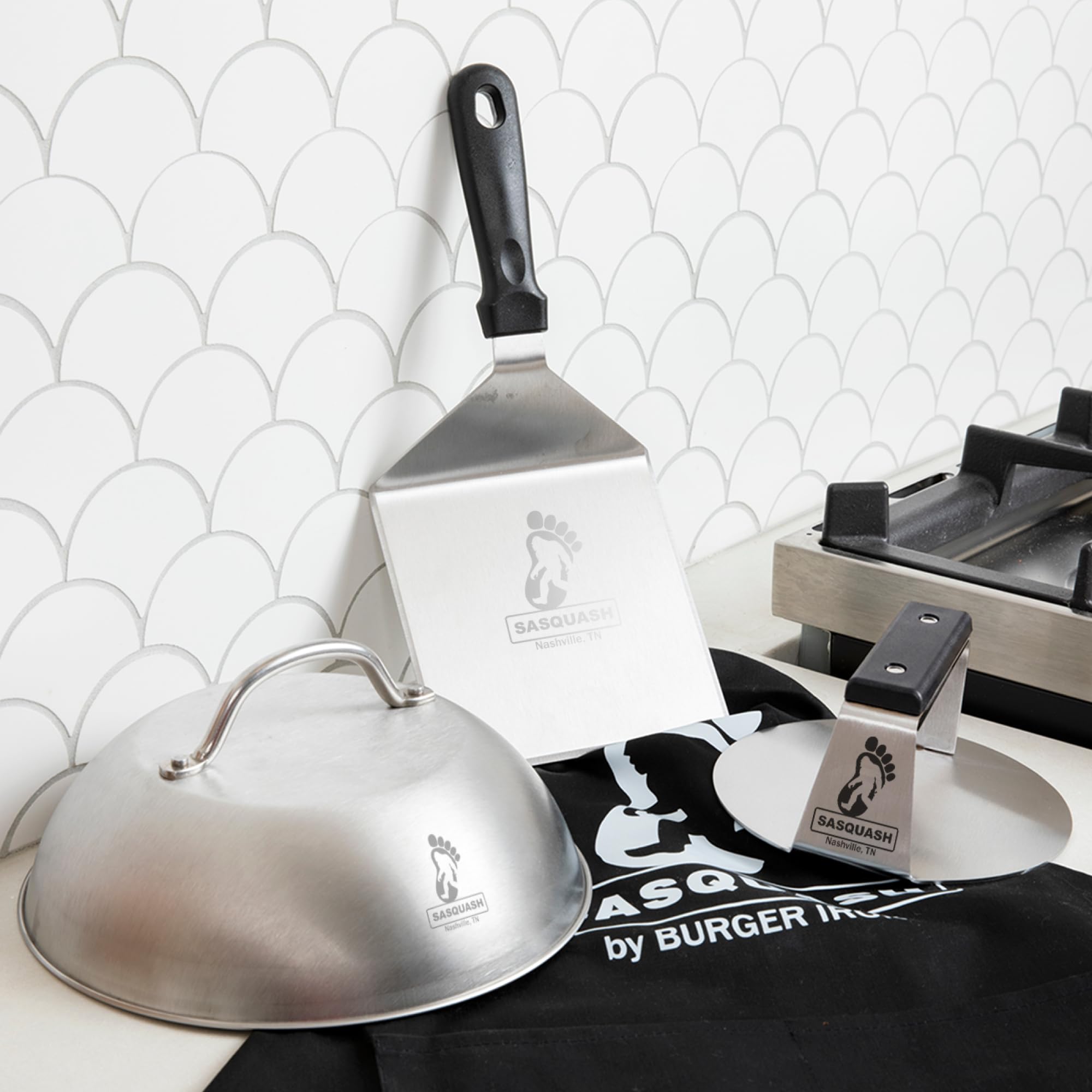 Sasquash Spatola, Spatola in acciaio inox, spatola per hamburger Mammoth Smash per uso in cucina, tornitrice per hamburger extra larga, utensile da griglia con parte superiore piatta, accessori da