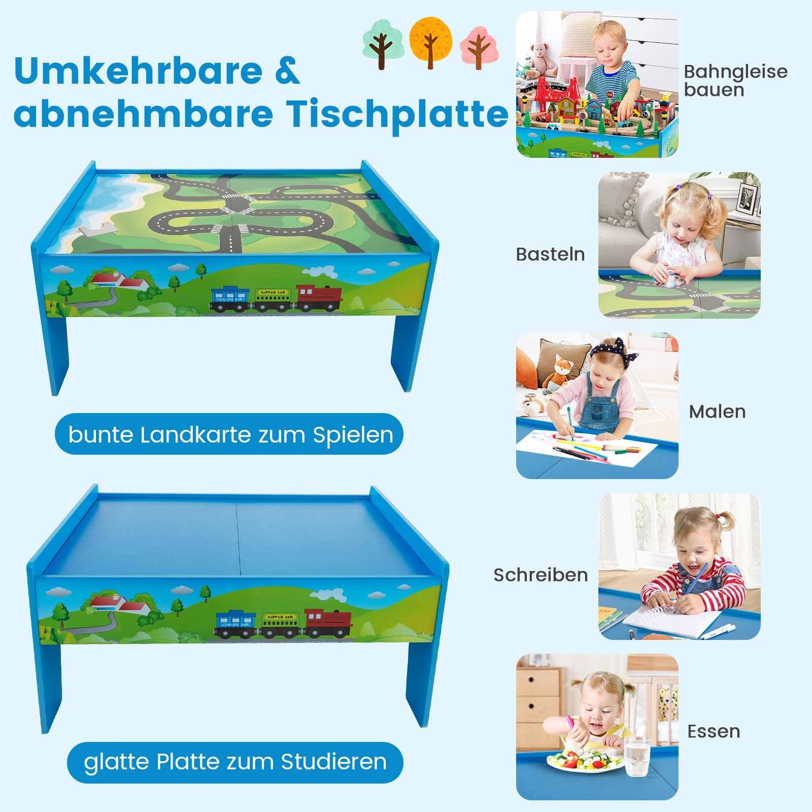 FANTASK Set di 80 ferroviari per bambini, tavolo da gioco in legno con tavolo reversibile e rimovibile, giocattolo per bambini dai 3 anni in su (80 pezzi)