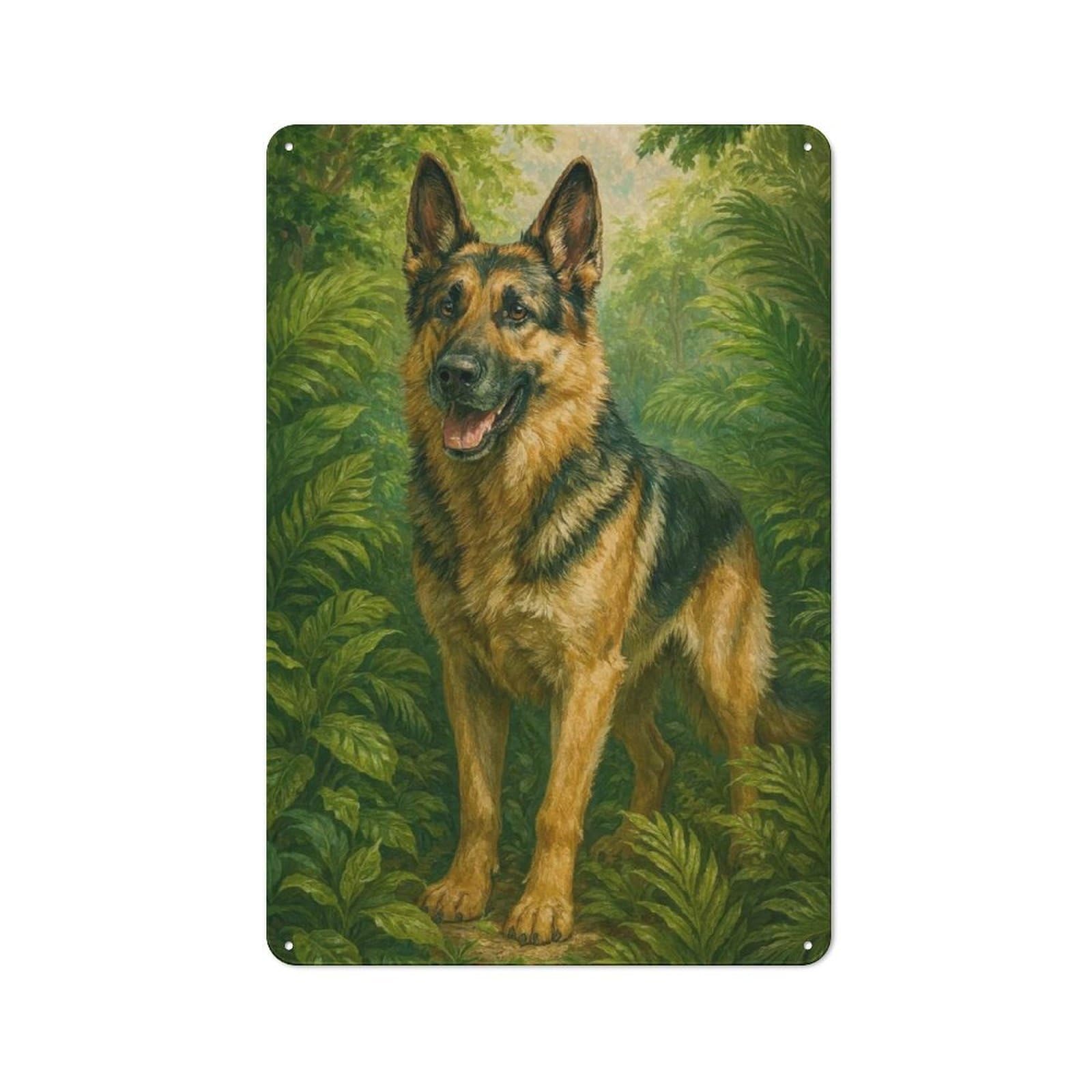German Shepherd in Lush Greenery Painting Vintage Tin Sign 30x20cm for Pub Or Café, for Everyday Room Decor with A Vintage Look