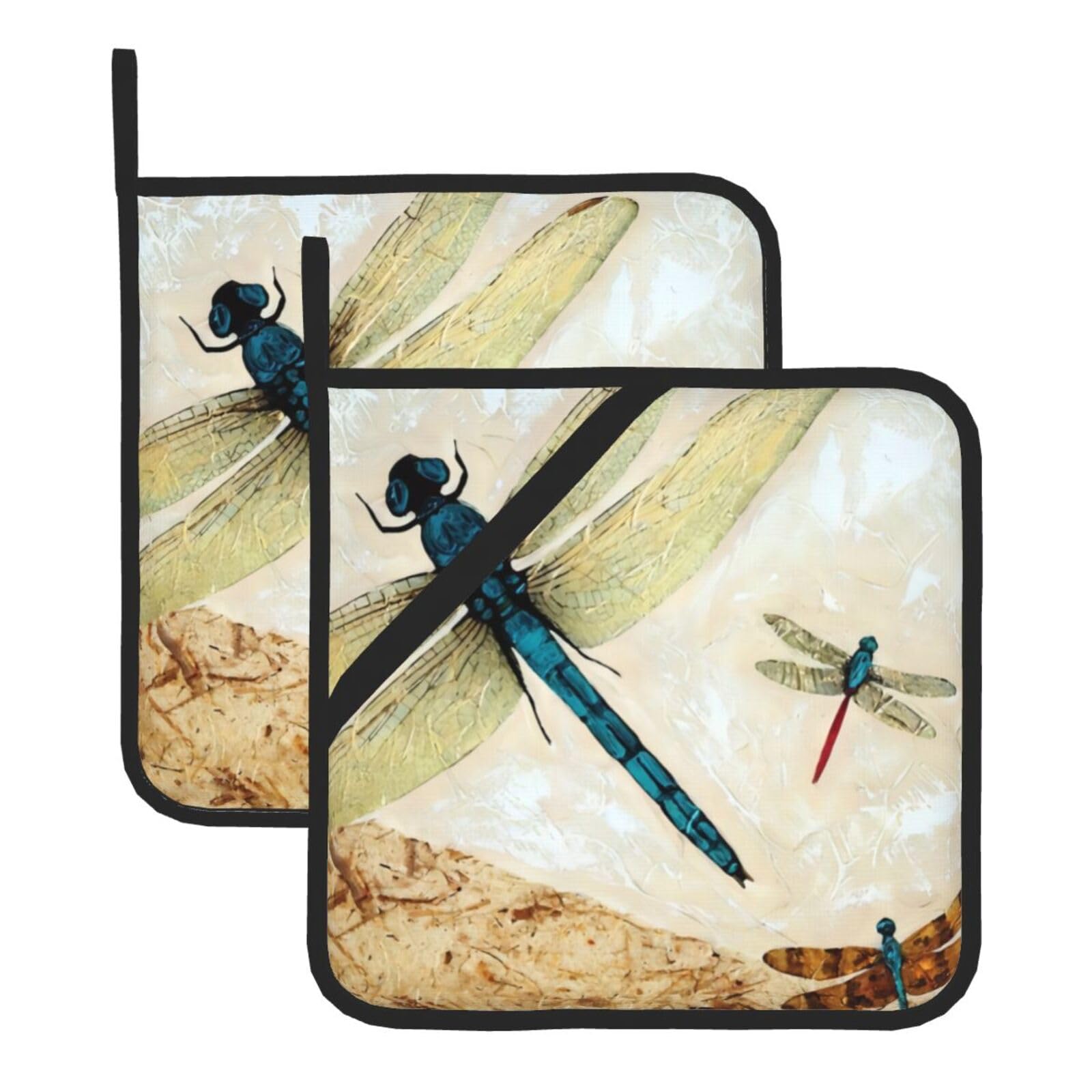 WHJDPP Dragonfly Flying Prints Square Hot Pads for Kitchen Counter - Waterproof Pot Holders Set of 2, Heat Resistant Trivets with Pocket & Hanging Loop for Serving, Oven & BBQ