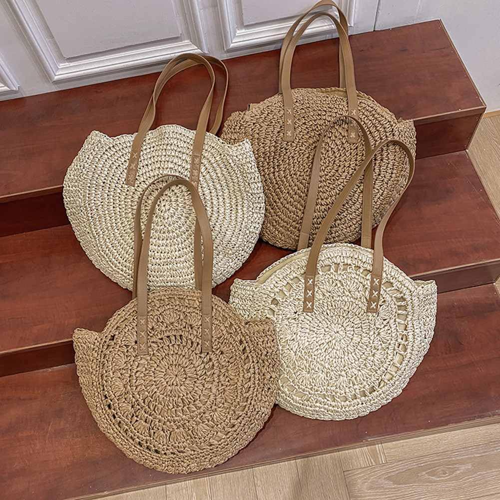 Damen Runde Strohtasche Vintage Handgemachte Umhängetasche Große Kapazität Strandtasche Böhmische Schultertasche Korbtasche mit Reißverschluss Geflochten Tasche für Reisen Urlaub Schwarz