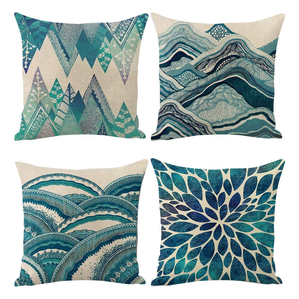 KASTWAVE Set of 4 Teal Throw Pillow Covers Ocean Bohemia Decorative Couch Pillow Cases Sea Cotton Linen Case Tuquoise Coastal Cushion Cover Case for Sofa, Bed and Car (45 * 45 cm)