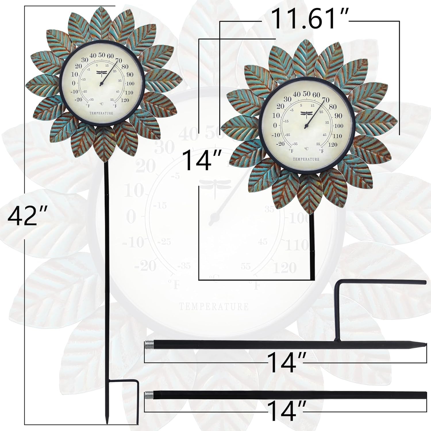 Vintage Leaf Garden Stake Thermometer, Dual Scale Outdoor Temp Gauge, Rustic Lawn Patio Yard Decor