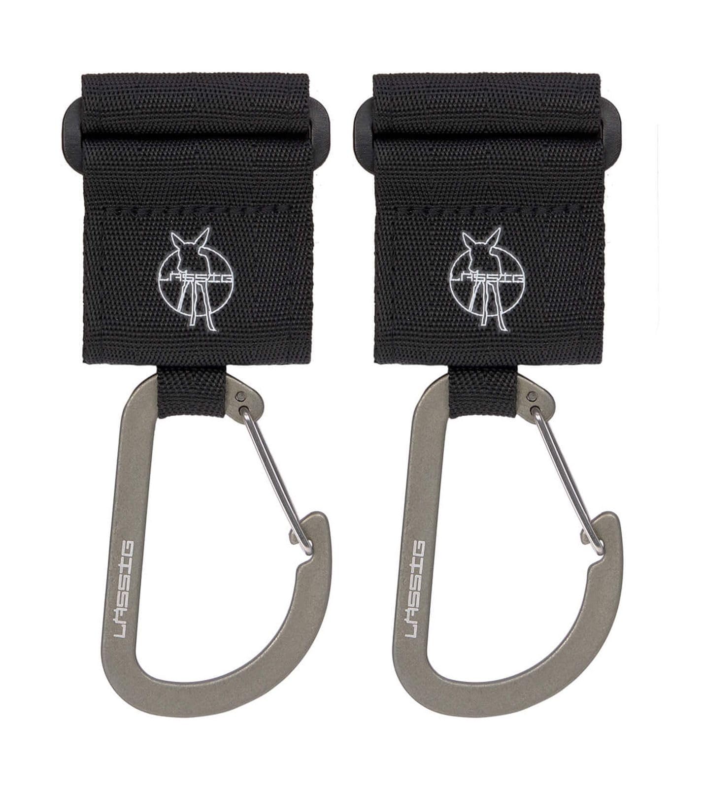 LÄSSIG Kinderwagenbefestigung (2 Stk.) Klettverschluss Karabiner Haken Karabinerhaken Kinderwagenhaken Einkaufshaken Metall/Stroller Hooks with Carabiner black