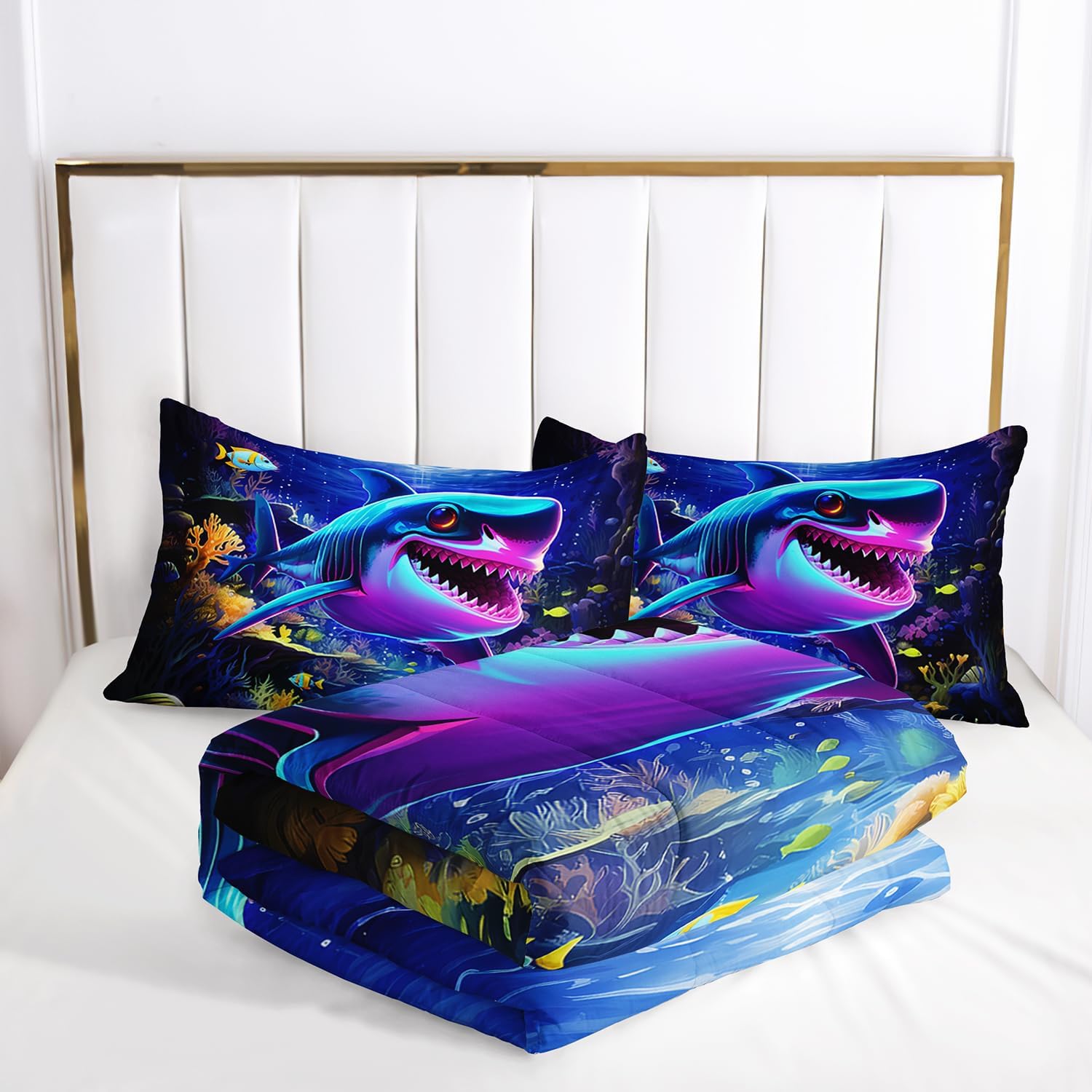 AILONEN Cartoon Shark Comforter Set Queen Size, Shark with Coral Bed in a Bag for Kids Girls,Marine Life Bedding Set,Ocean World Duvet Set,3 PCS,1 Quilt and 2 Pillowcases