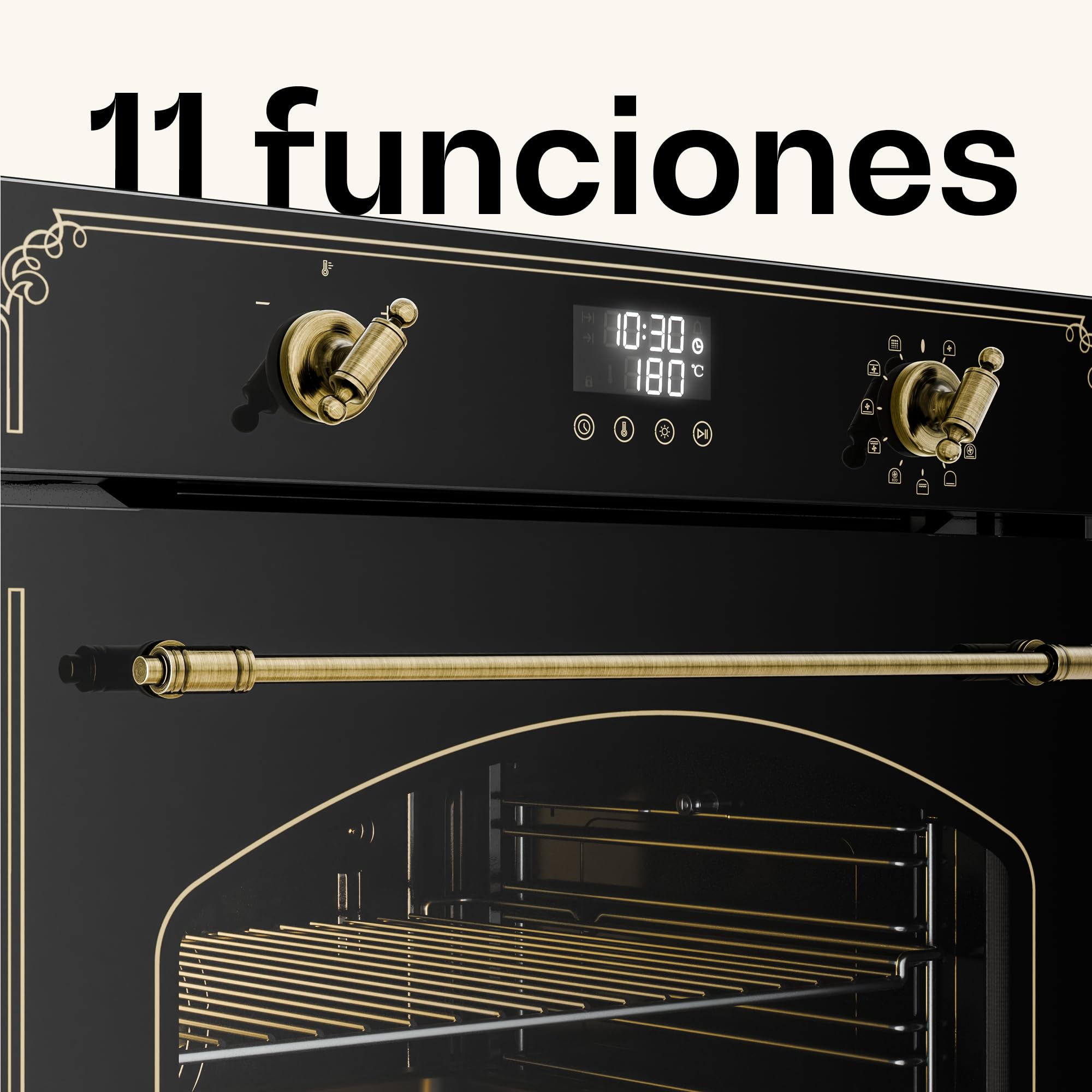Klarstein Victoria Pyro Horno Eléctrico Empotrable 76L - 11 Funciones, Pirólisis, Clase A, Diseño Retro Negro, Mandos Giratorios, Horno Multifunción Integrable 60 cm, Negro