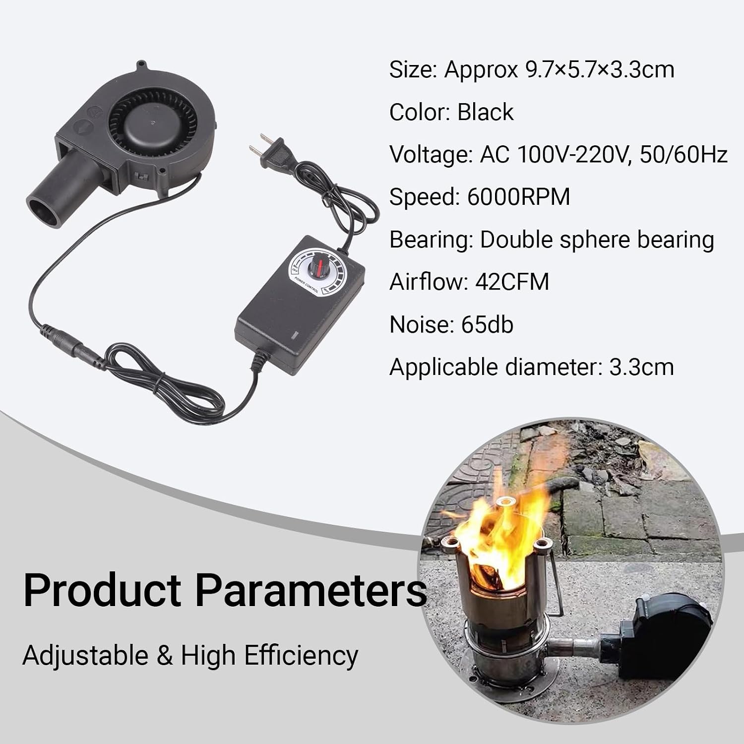 BBQ Blower Fan 12V, 50/60Hz With 100V – 220V AC Plug Variable Speed Controller Centrifugal For Outdoor Barbecues Fire-Bellow, Camping Cooking, Wood Stove, Charcoal Starter - 3.82x52.24x1.3in