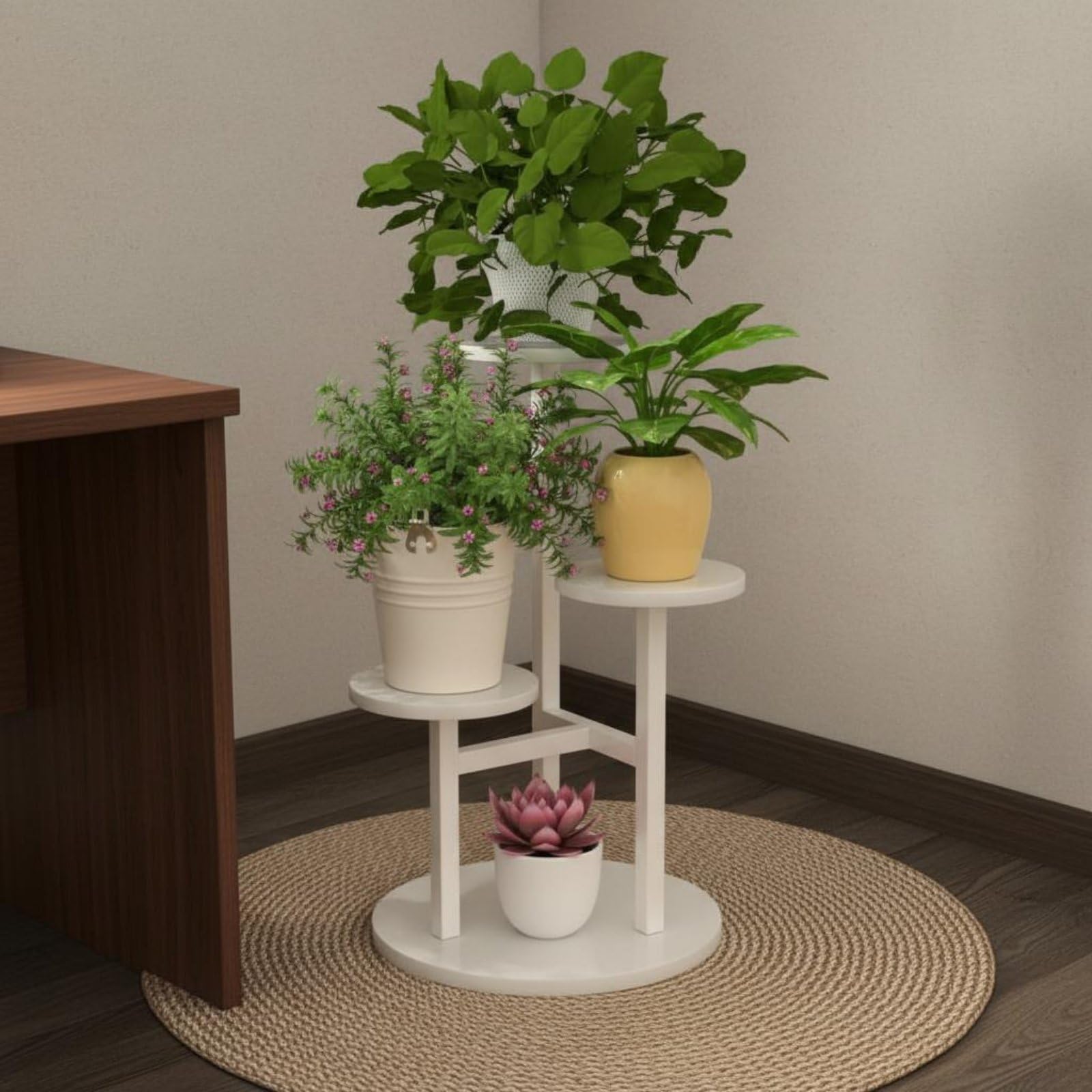 Estantería de Exhibición Soporte para Plantas Macetero Mueble Organizador de 4 Niveles Que Espacio Vertical y Aireación Adecuada para Salón Terraza , Nogal Claro+Blanco