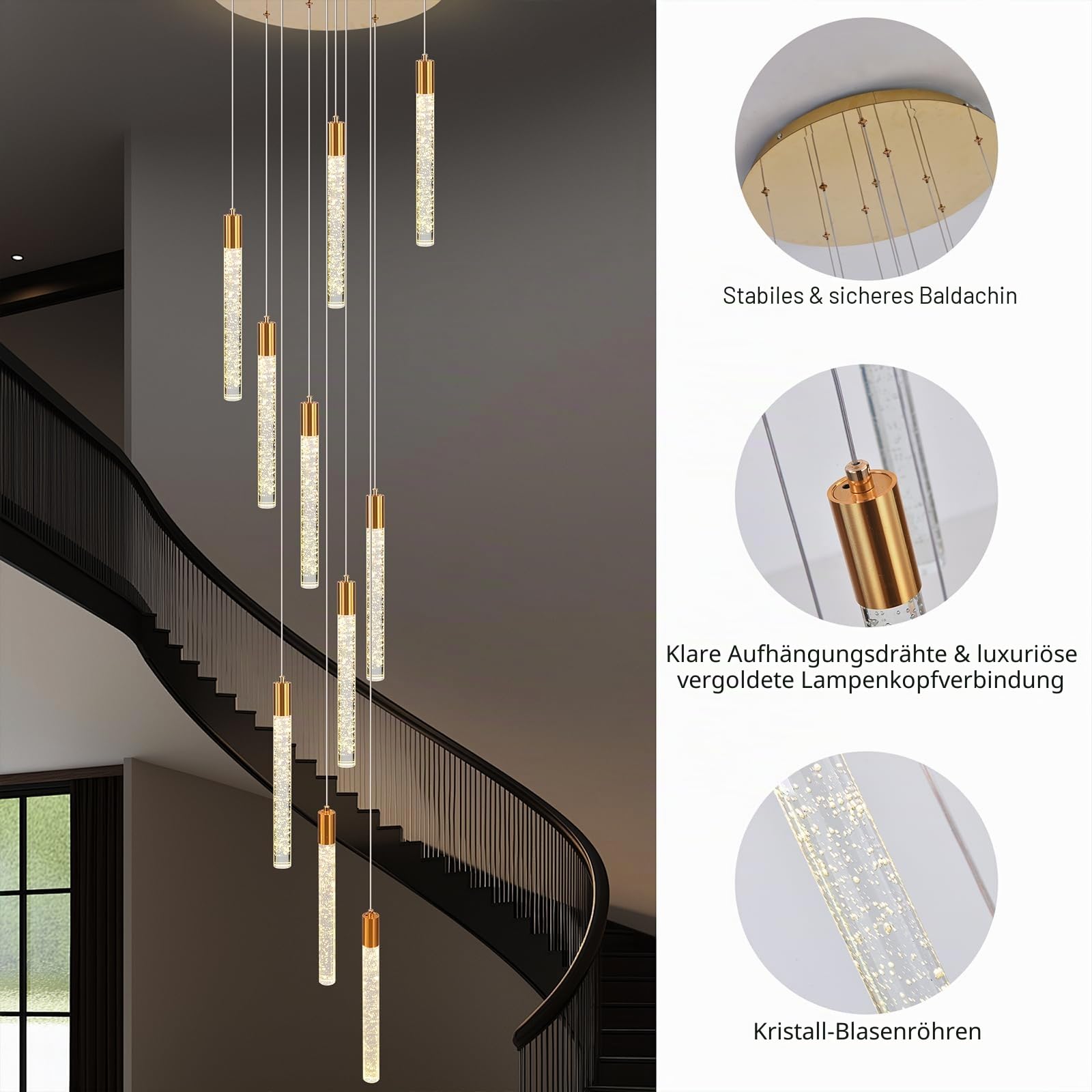 Qcyuui Gold Kristall Pendelleuchte, Dimmbare LED Treppenhauslampe | Modern-Minimalistische Deckenleuchte für Hohe Decken, Wohnzimmer und Esszimmer,Extra Groß und Höhenverstellbar