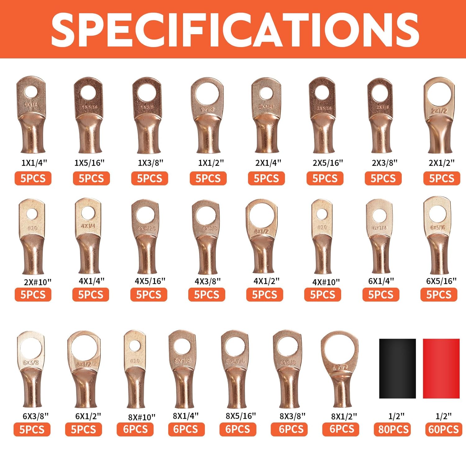 260PCS Heavy Duty Battery Terminal Connectors Kit, 120PCS Battery Cable Ends 1 2 4 6 8 Gauge Wire Connectors, Copper Wire Lugs with 140PCS 3:1 Heat Shrink Tubing