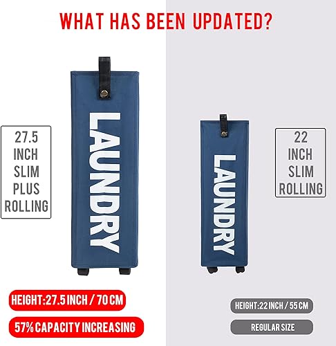 Miniatura 3 de Caroeas Cestas de lavandería XL delgadas de 27 pulgadas de alto con mango de cuero (8 colores), cesta de la colada sobre ruedas, cesta plegable para