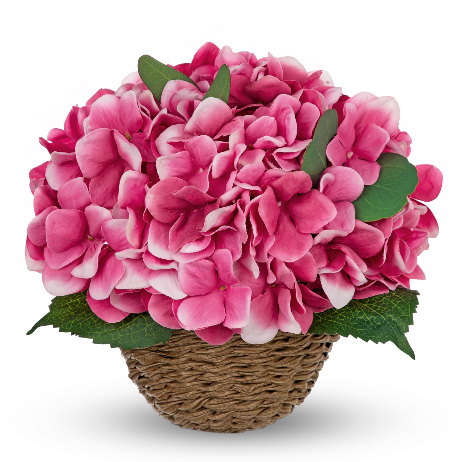 Hortensias artificiales en maceta rústica de 25 cm, flores de hortensia falsas de tacto real con cesta tejida, arreglos florales de color rosa sintético para casa de campo, porche delantero