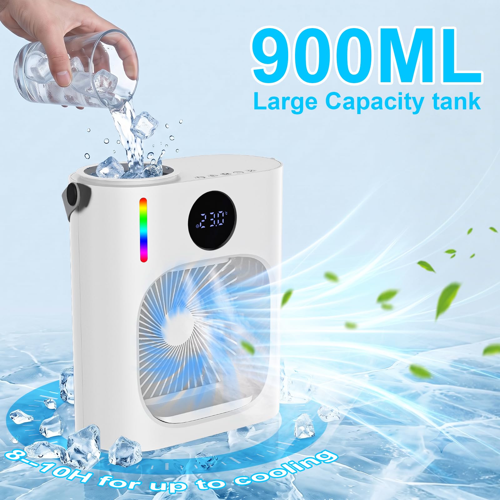 Condizionatore Portatile Silenzioso con 900ml,USB Mini Climatizzatore Evaporativo Ventilatore con 3 Velocità,Raffreddatore D'aria Luci LED & Risparmio EnergeticoIdeale per Spazi Piccoli(Blanco)