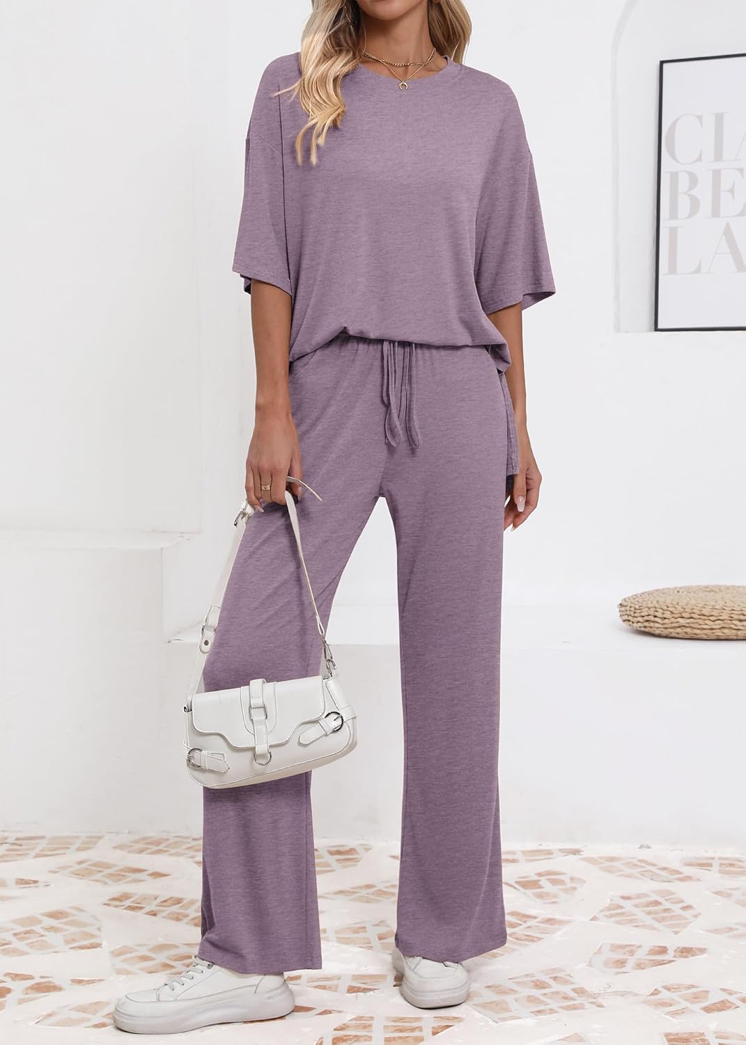 Womens Lounge Set 2026 Summer 2 Piece Outfits Oversized Short Sleeve Tops & Wide Leg Pant Matching Sets Clothing - Image 6