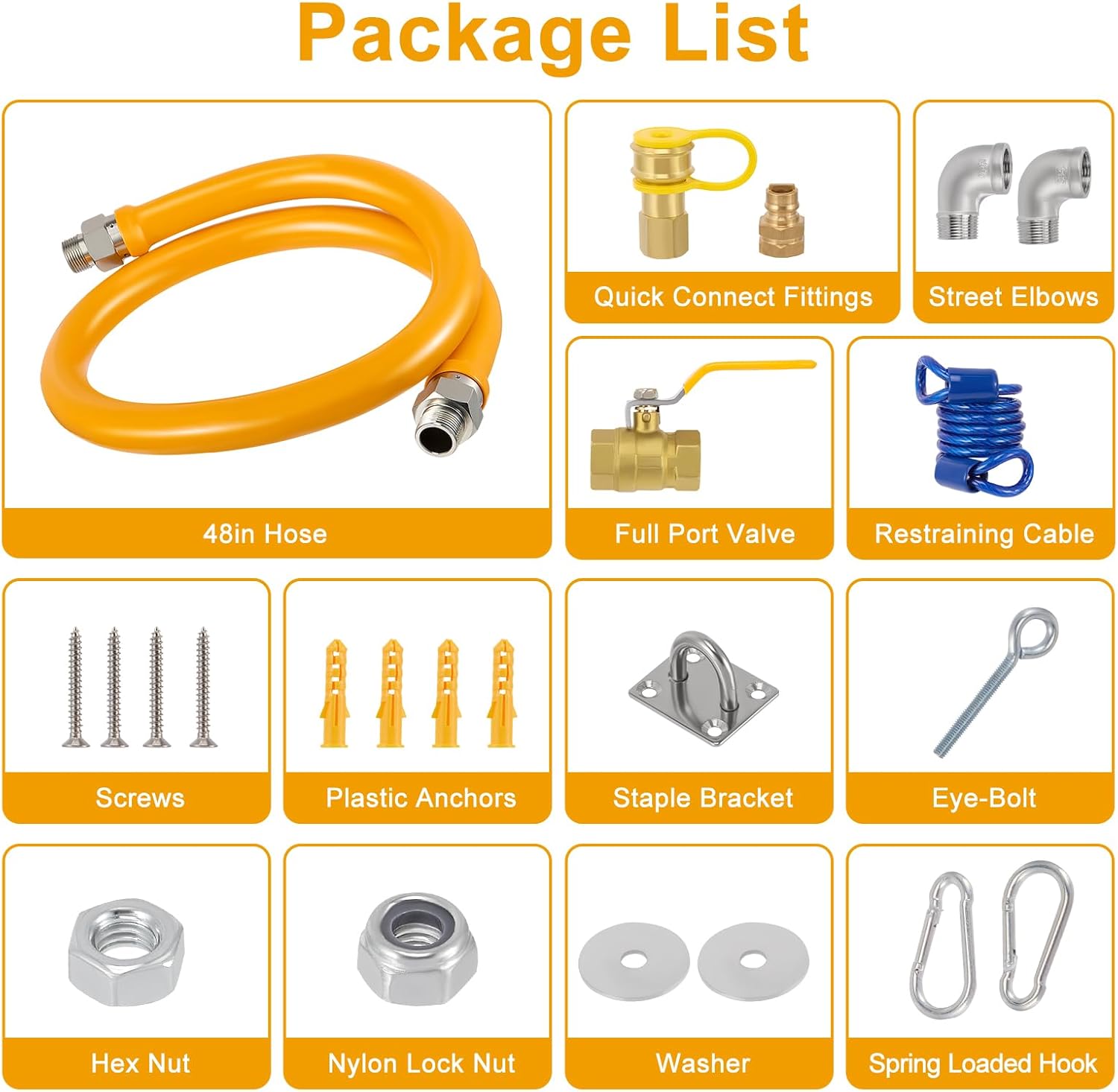 1675KIT48 Commercial Gas Hose Safety System Kit, 3/4" × 48" Flexible Gas Line Connector with 2 Elbows & 3/4" Quick Disconnect, for Commercial Kitchen Equipment