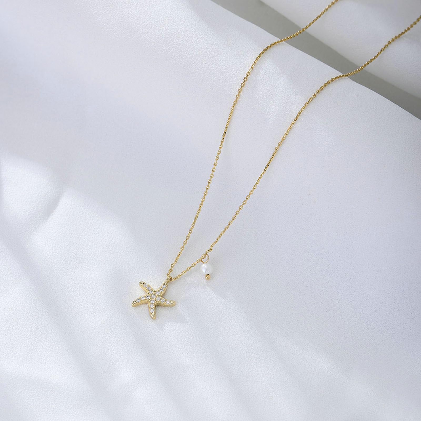 Collar con colgante de oro de 9 quilates, 14 quilates y 18 quilates para mujer, colgante de estrella de mar con diamante, cadena de oro 375, 585, 750, 45 cm, joyería real
