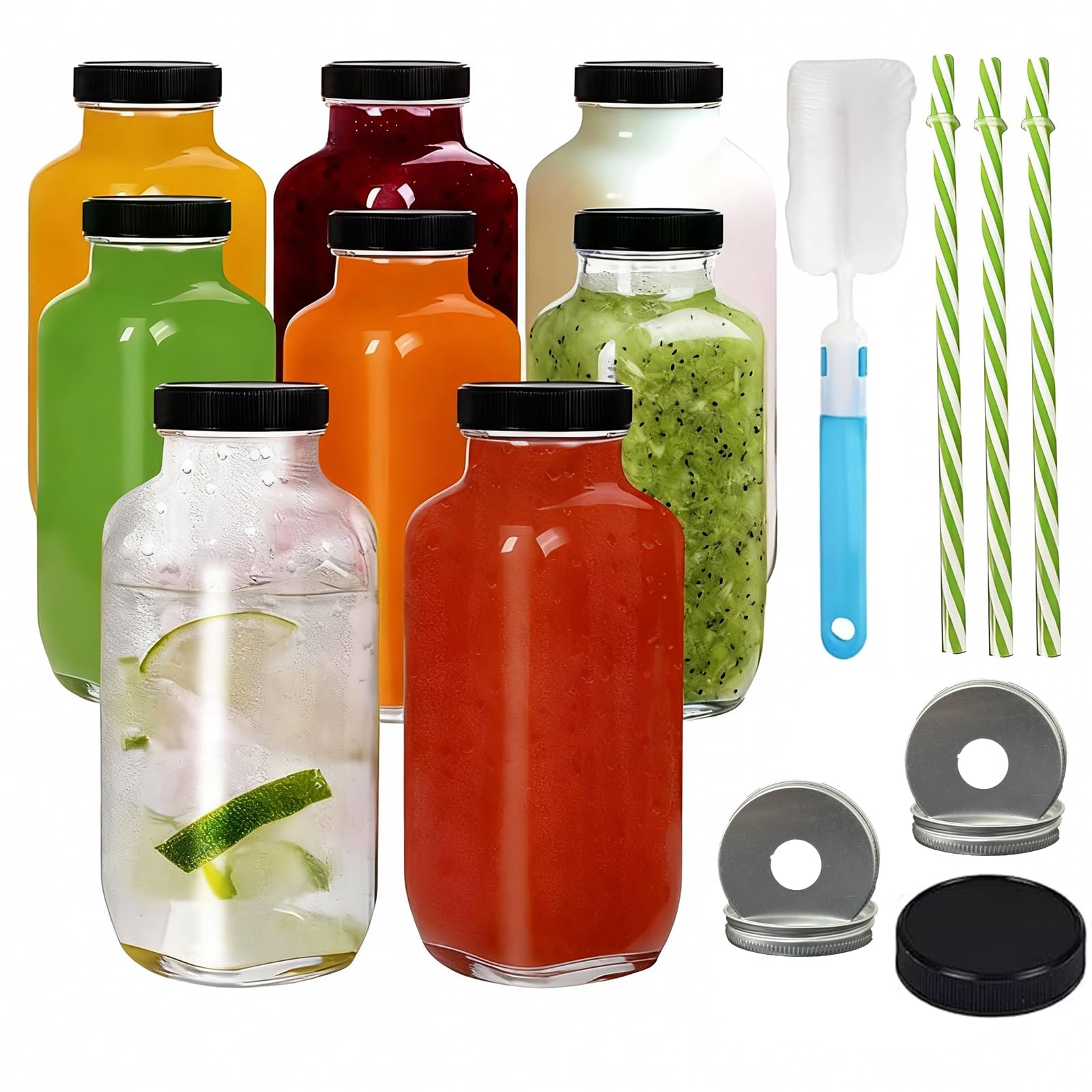 EuroFone 8 Pack Glass Bottles with Lids, 500ml Reusable Juice Bottles,Airtight Leakproof Water Bottles with Stainless Steel Cap for Juice, Bubble Tea, Smoothie, Tea