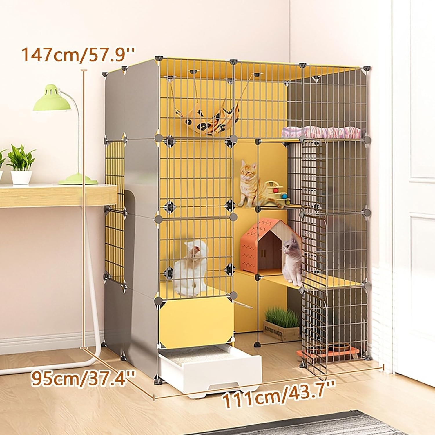Large Indoor Cat Cage with Removable Litter Box, DIY Metal Wire Cat Playpen & Kennel, Spacious Exercise Pen for Cats(111x95x147cm)