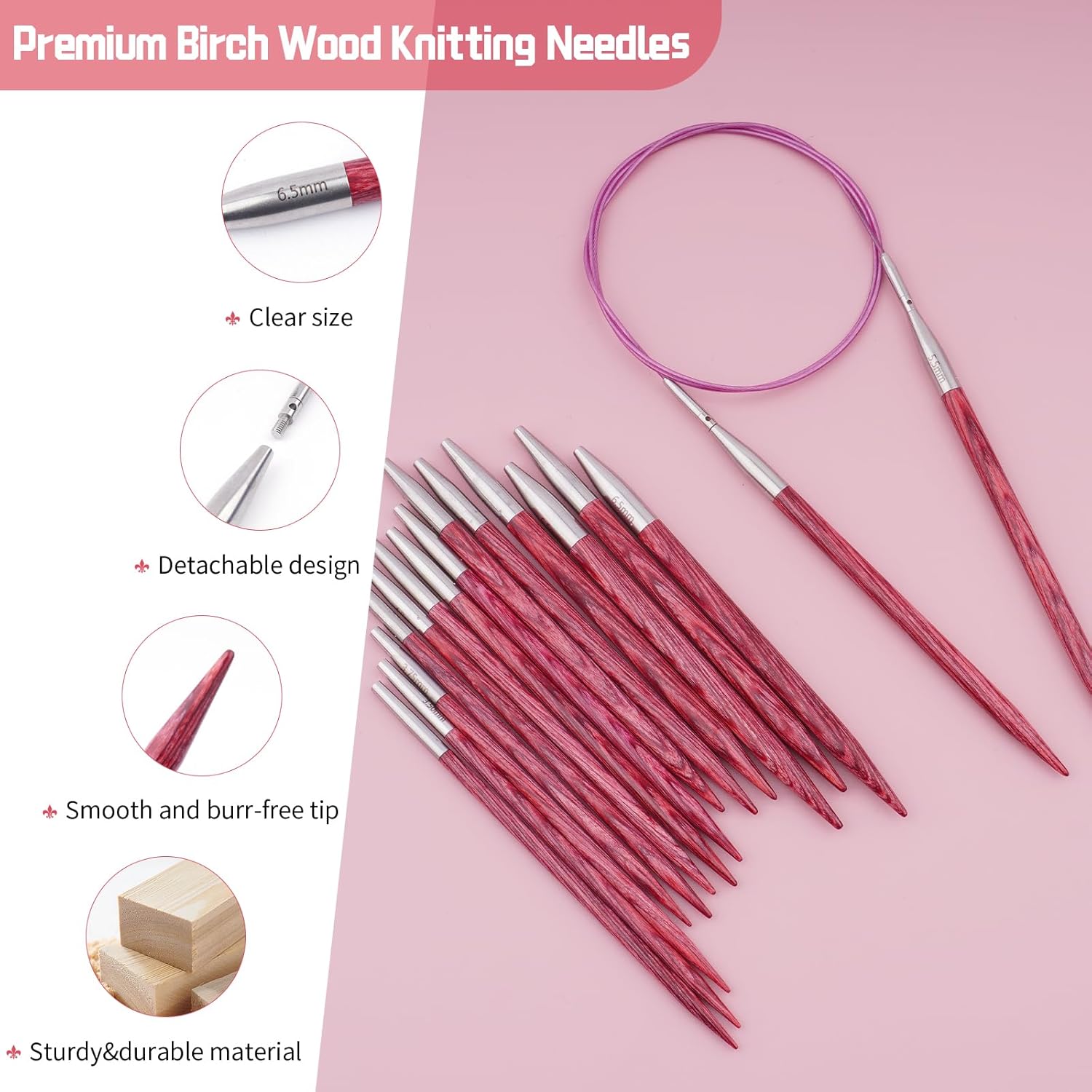 Weabetfu 4.3-inch (11cm) Interchangeable Circular Knitting Needles Set Birch Wood Circular Needles US Sizes 4,5,6,7,8,9,10,10.5 with Round Knitting Needle with Flexible Cables,8 Pairs