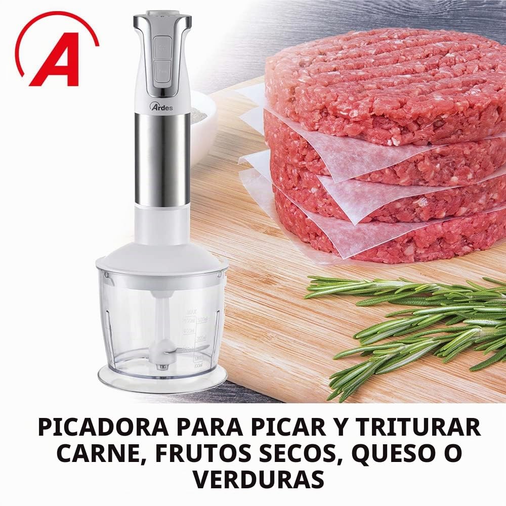 ARDES ARSET01 TRINITY Batidora de Inmersión 3 en 1 Minipimer de Inmersión Picadora y Batidora con Motor Profesional Mixer con Brazo de 21 m 4 Cuchillas de Acero INOX Batidora de 2 Velocidades