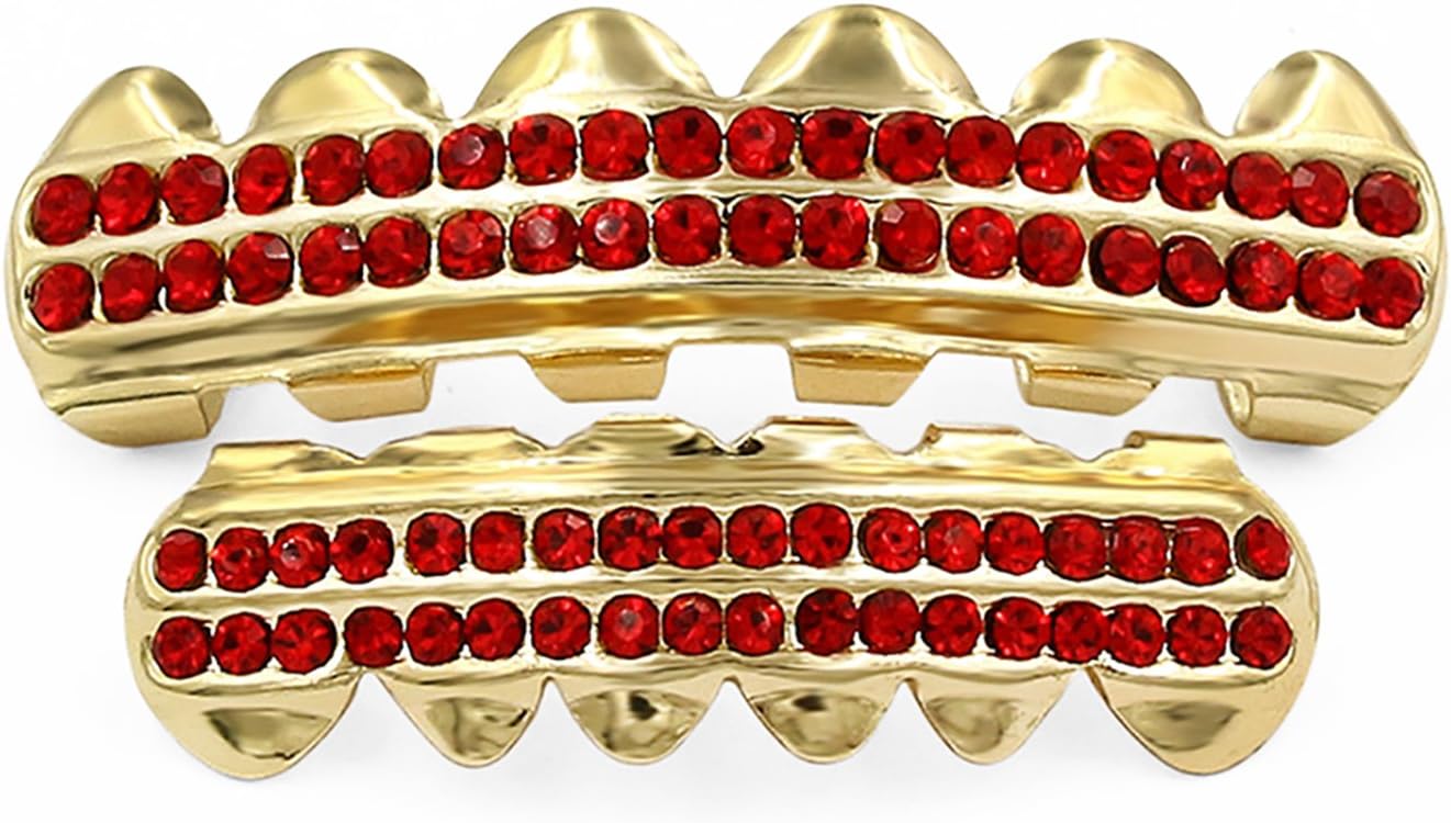Gold Grillz Teeth Set Best gift for Son-New Custom Fit 14k Plated CZ Diamonds Grillz - Excellent Cut for All Types Of Teeth – Top and Bottom Grill Set - Hip Hop Bling Grillz for Christmas gift