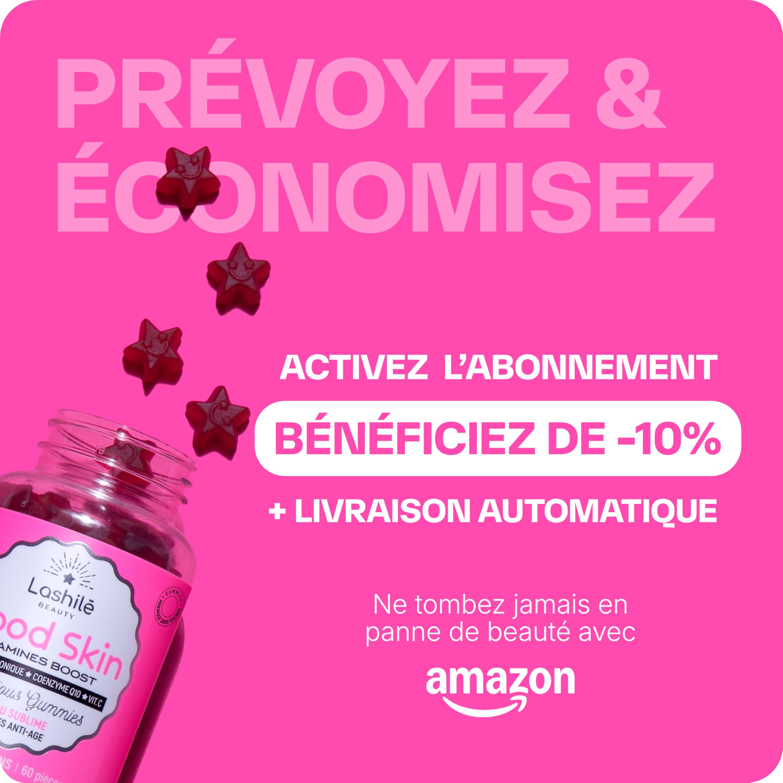 Lashilé Beauty - Gummies Anti-Âge + Anti-Rides - Fermeté & Éclat de la peau - Good Skin Vitamines -Complément Alimentaire Peau - Acide Hyaluronique Q10 Vitamines C & E - Cure 3 Mois 180 Gummies