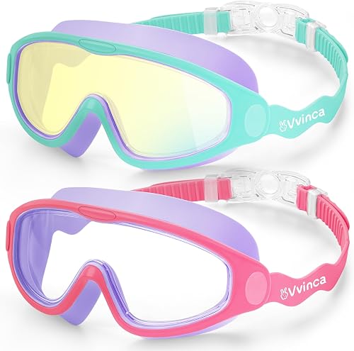 Vvinca Kids Swim Goggles 2 Pack, Soft Wave-Shape Strap (No Hair Pulling), Anti Fog Leak Free Swimming Goggles Boys Girls 3-15